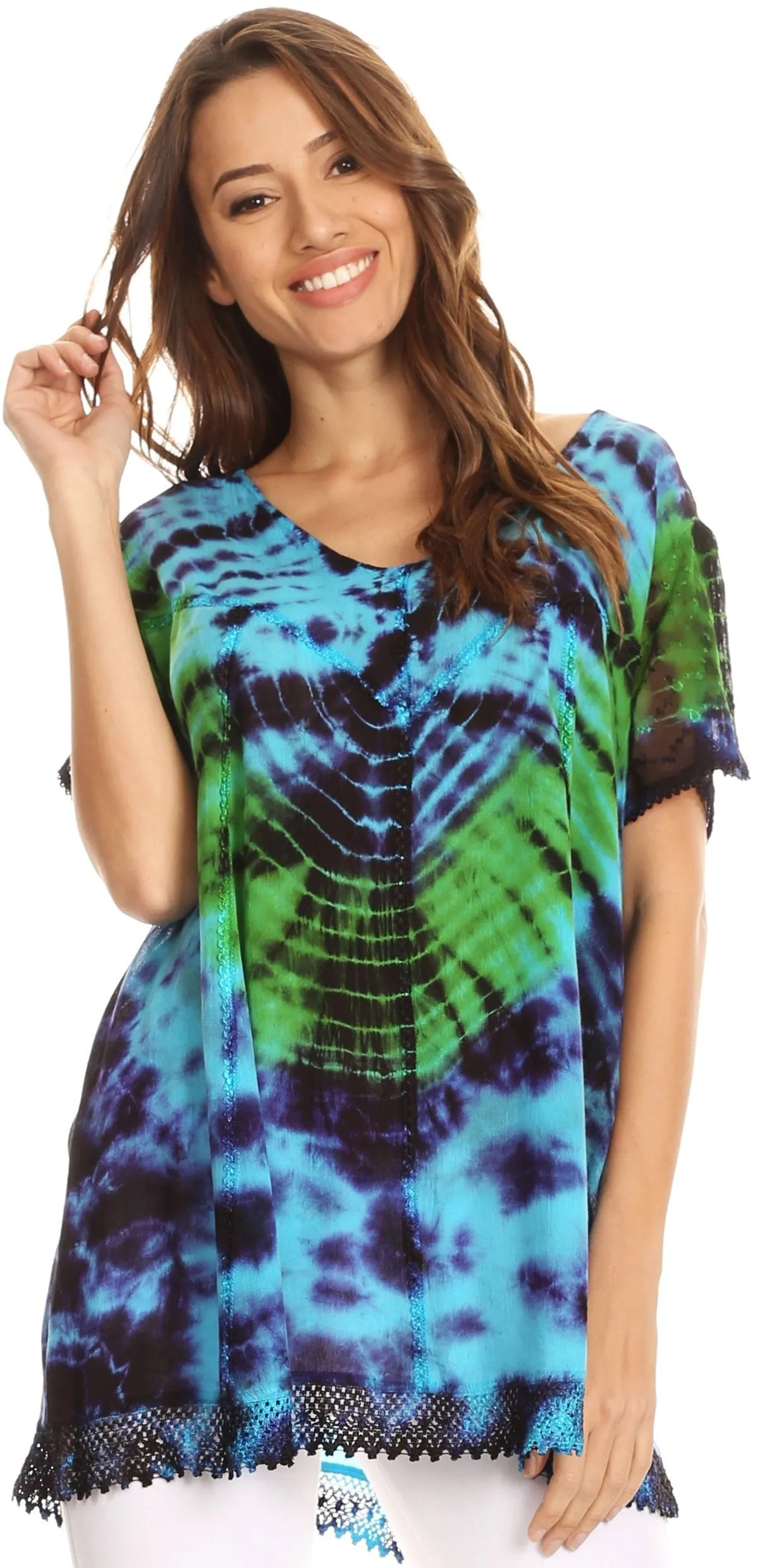 Sakkas Josea Relaxed Fit Tie Dye Embroidered Crepe Cap Sleeve Blouse | Cover Up