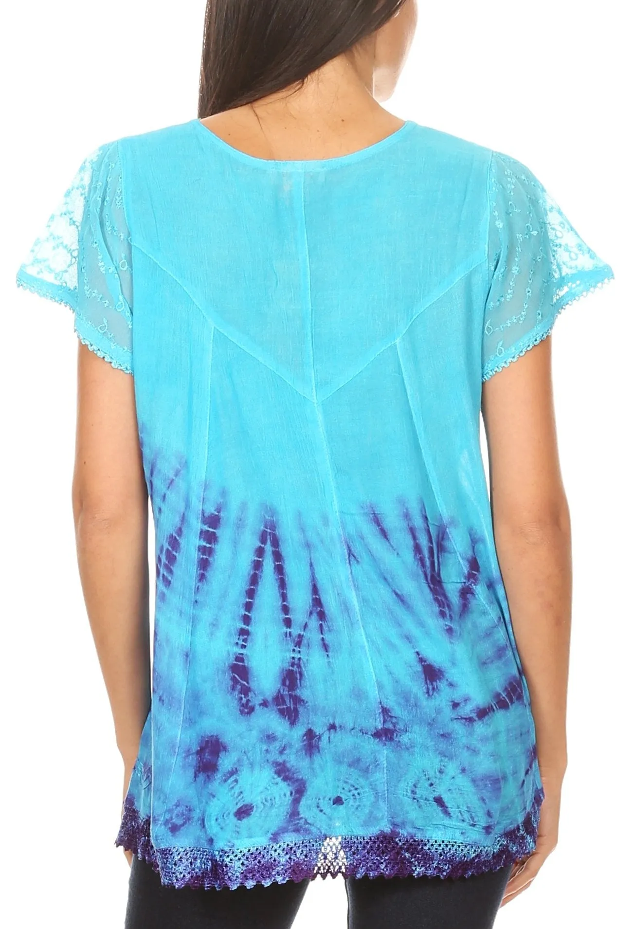 Sakkas Josea Relaxed Fit Tie Dye Embroidered Crepe Cap Sleeve Blouse | Cover Up