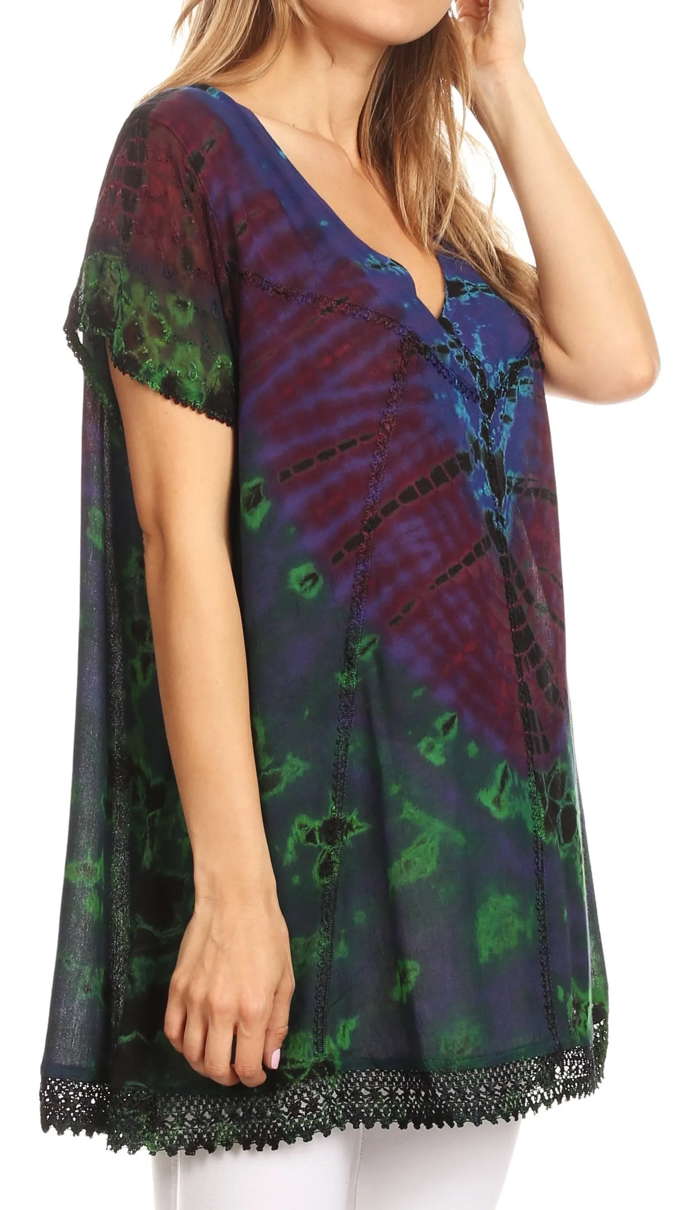 Sakkas Josea Relaxed Fit Tie Dye Embroidered Crepe Cap Sleeve Blouse | Cover Up