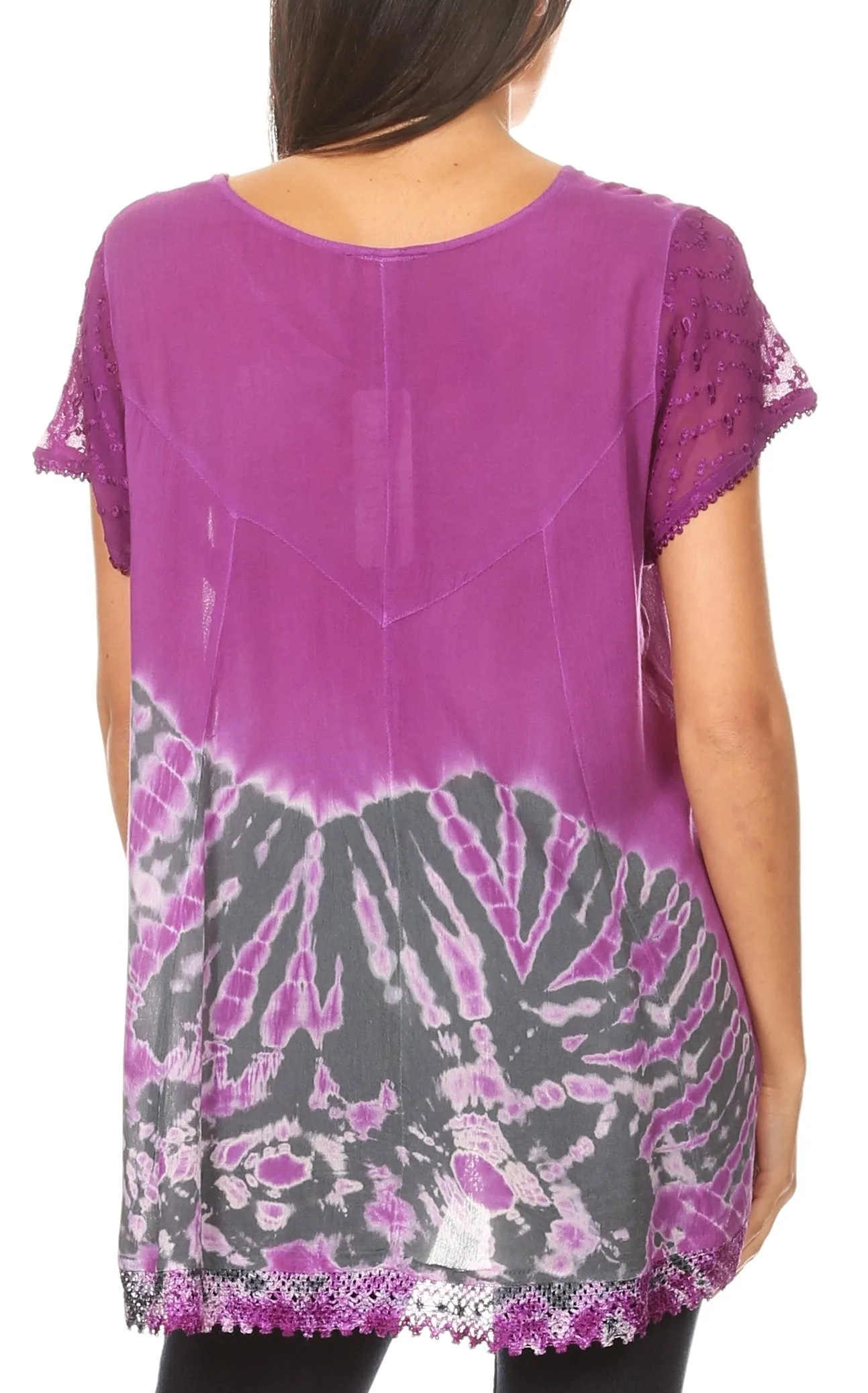 Sakkas Josea Relaxed Fit Tie Dye Embroidered Crepe Cap Sleeve Blouse | Cover Up