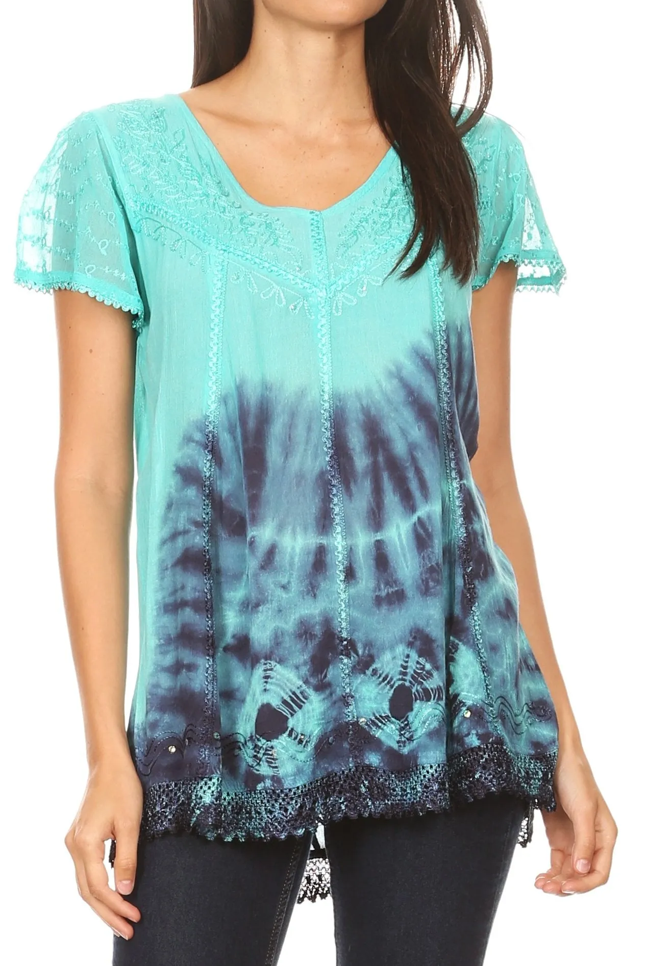 Sakkas Josea Relaxed Fit Tie Dye Embroidered Crepe Cap Sleeve Blouse | Cover Up