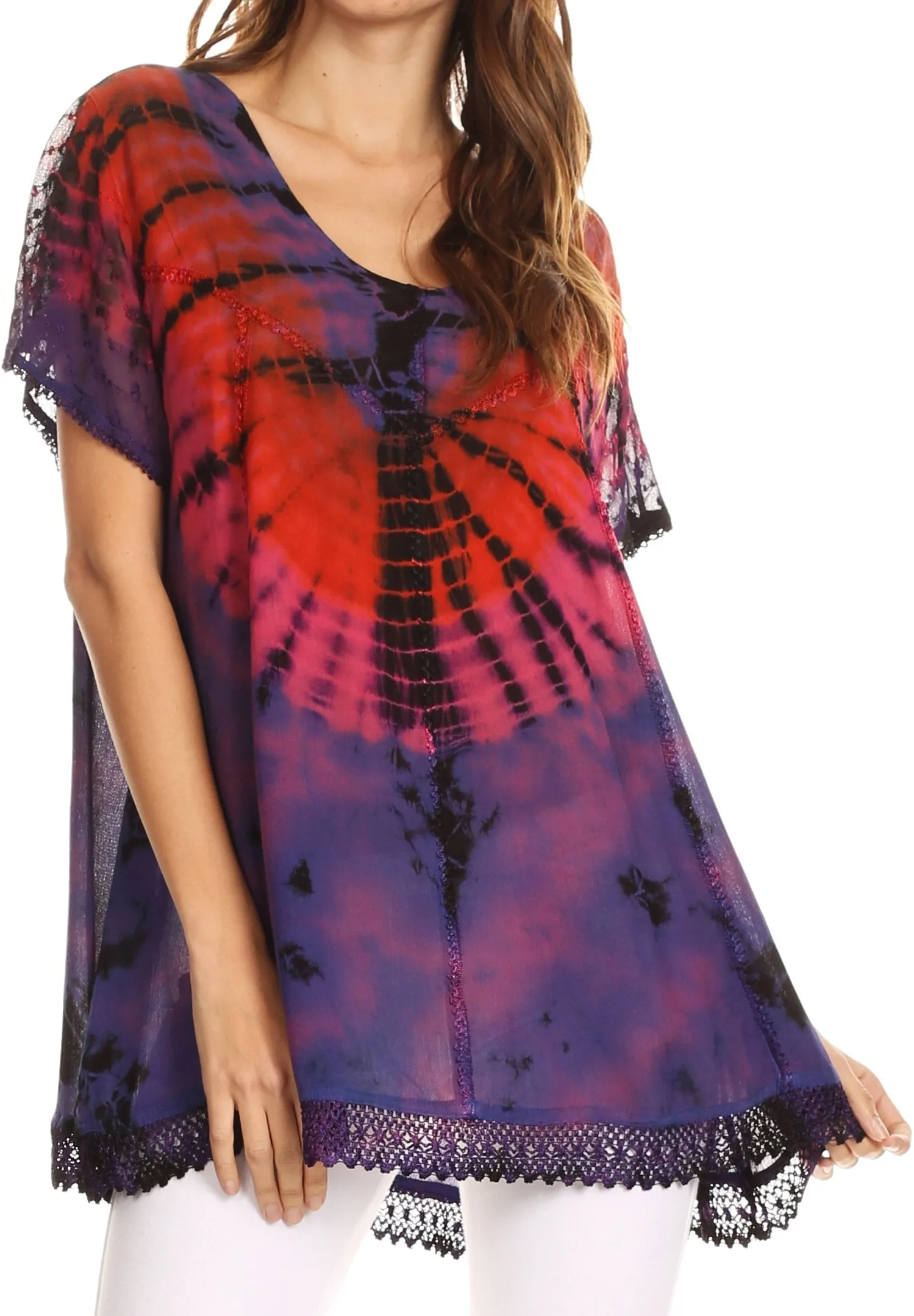 Sakkas Josea Relaxed Fit Tie Dye Embroidered Crepe Cap Sleeve Blouse | Cover Up