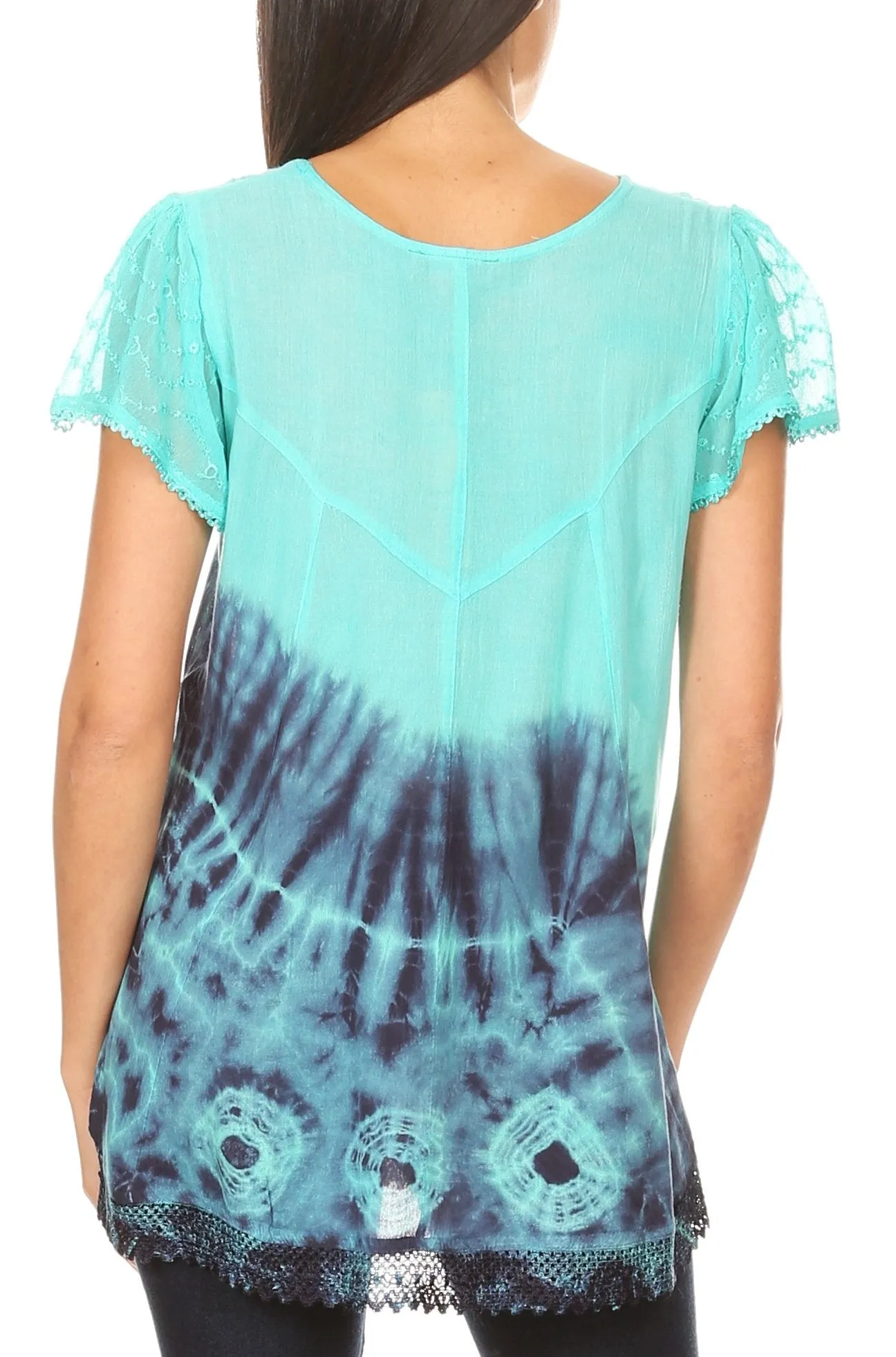 Sakkas Josea Relaxed Fit Tie Dye Embroidered Crepe Cap Sleeve Blouse | Cover Up