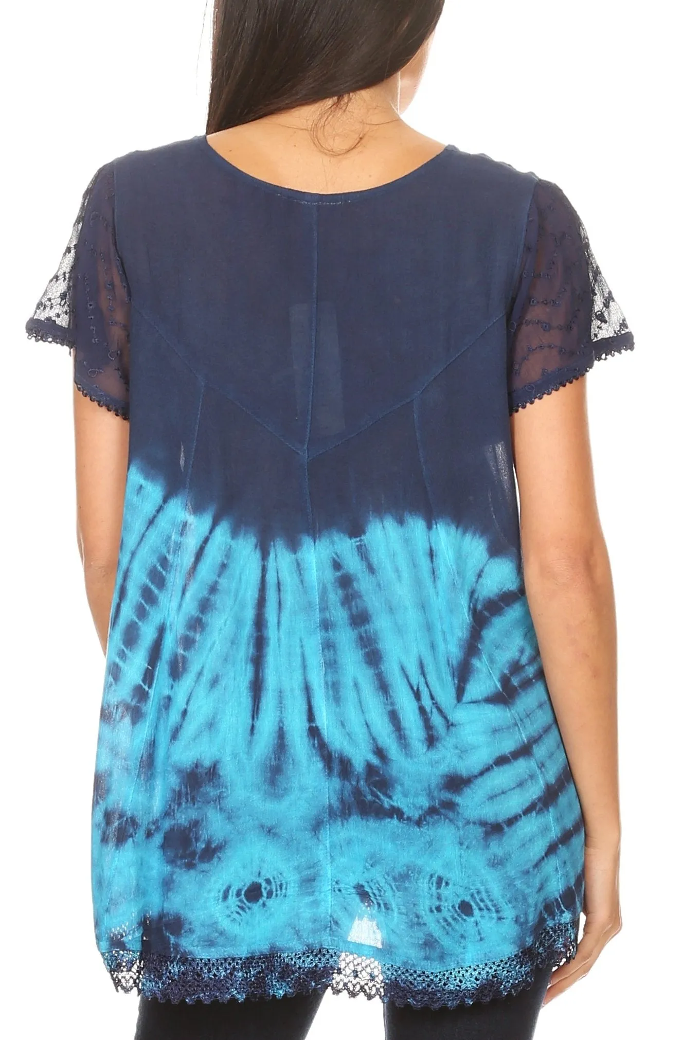 Sakkas Josea Relaxed Fit Tie Dye Embroidered Crepe Cap Sleeve Blouse | Cover Up