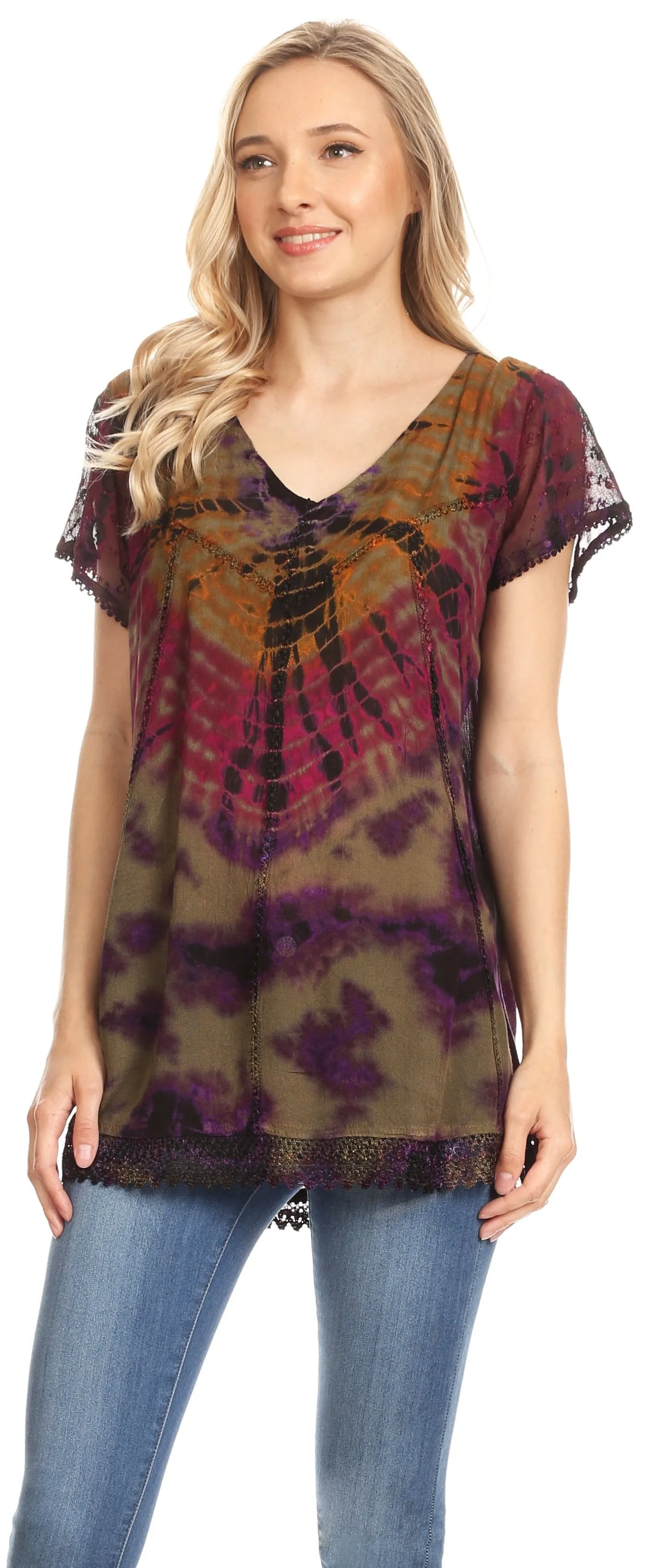 Sakkas Josea Relaxed Fit Tie Dye Embroidered Crepe Cap Sleeve Blouse | Cover Up