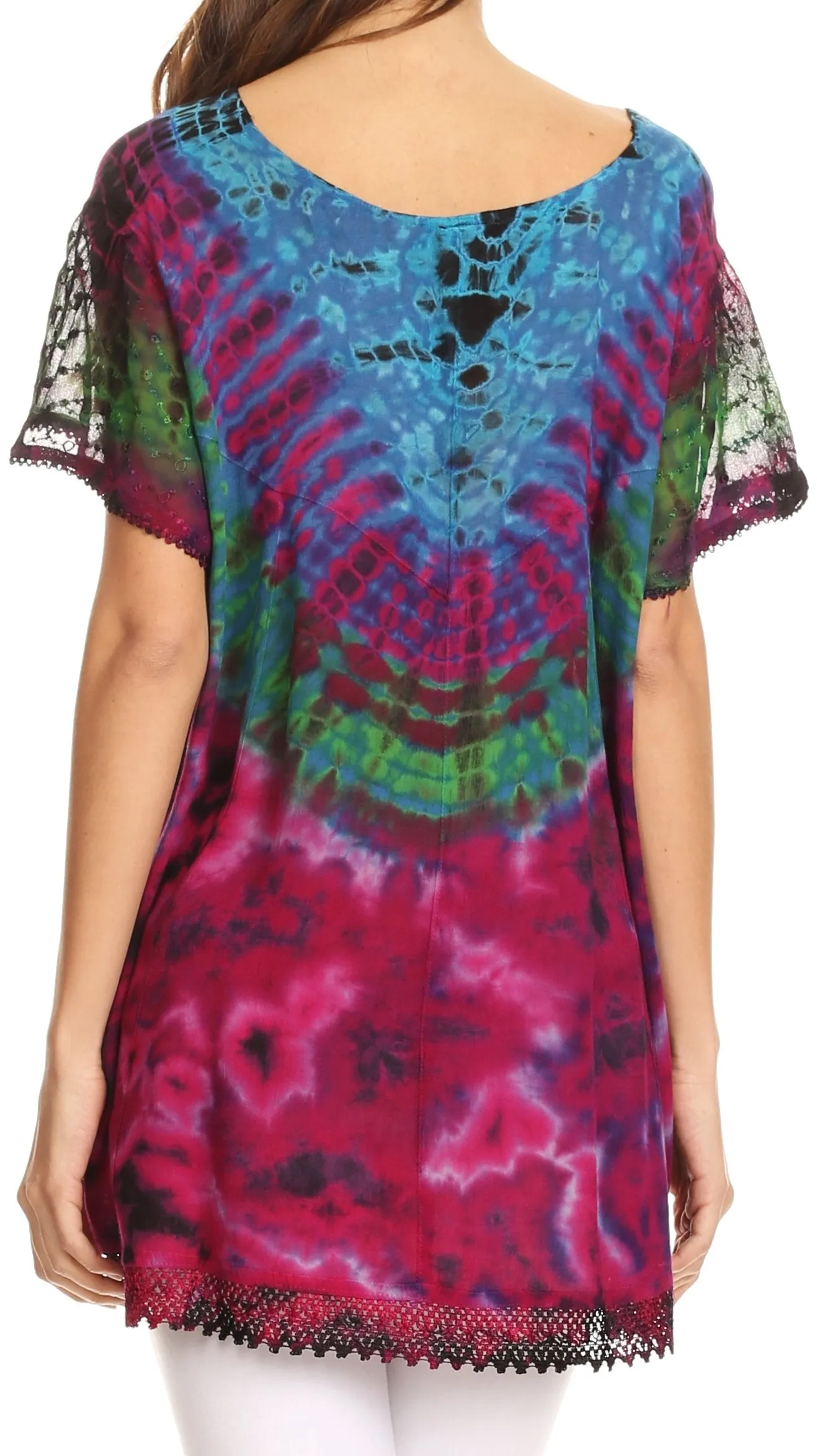 Sakkas Josea Relaxed Fit Tie Dye Embroidered Crepe Cap Sleeve Blouse | Cover Up