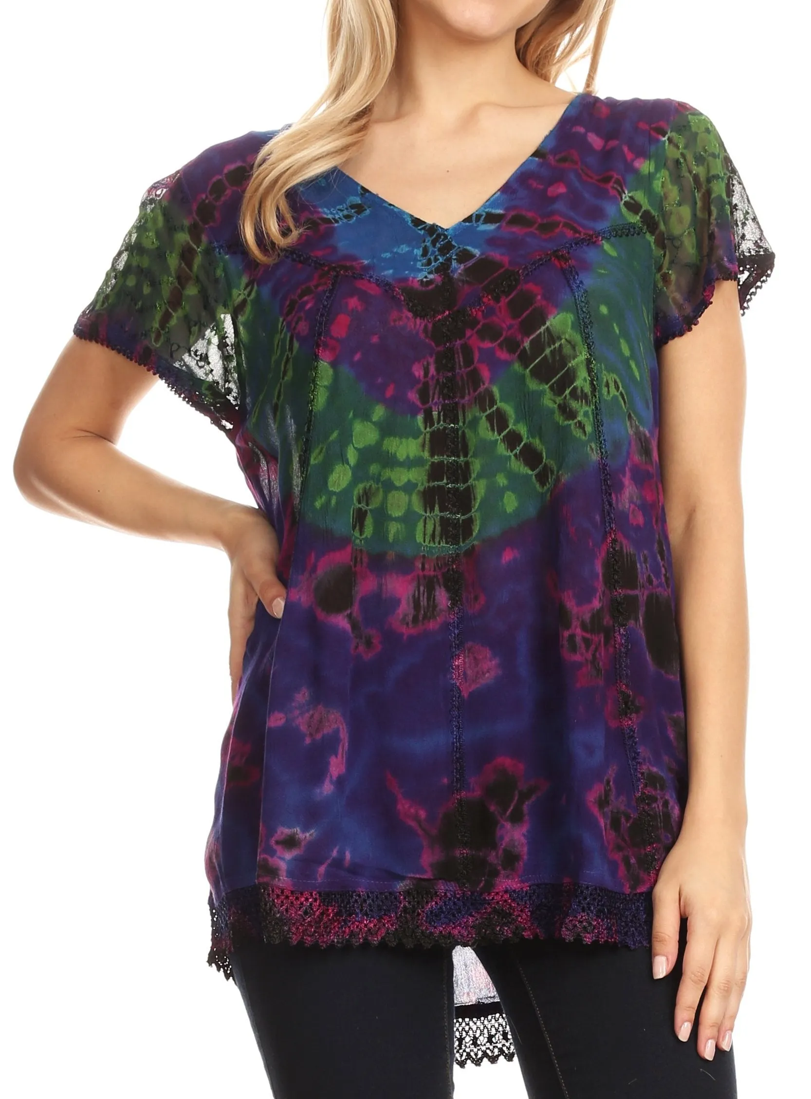 Sakkas Josea Relaxed Fit Tie Dye Embroidered Crepe Cap Sleeve Blouse | Cover Up