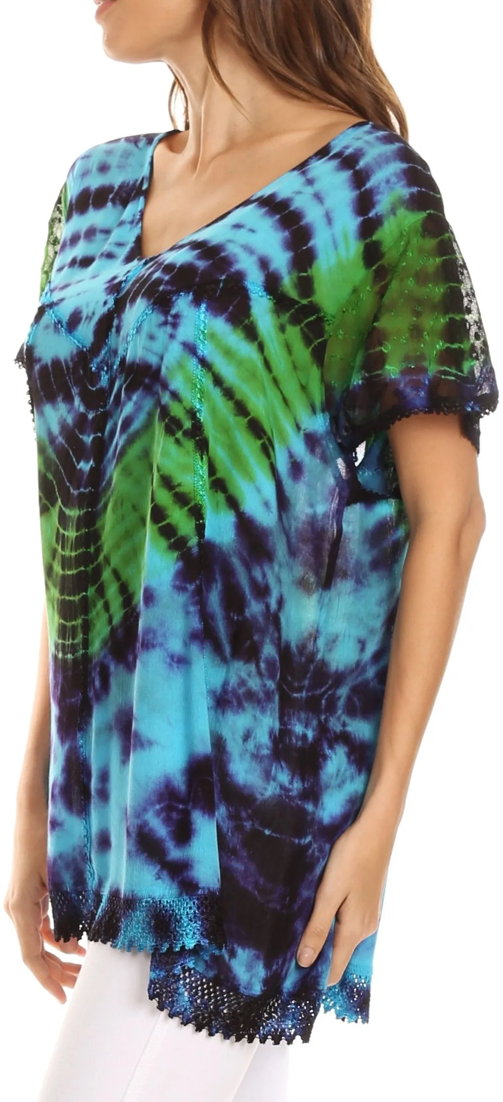 Sakkas Josea Relaxed Fit Tie Dye Embroidered Crepe Cap Sleeve Blouse | Cover Up