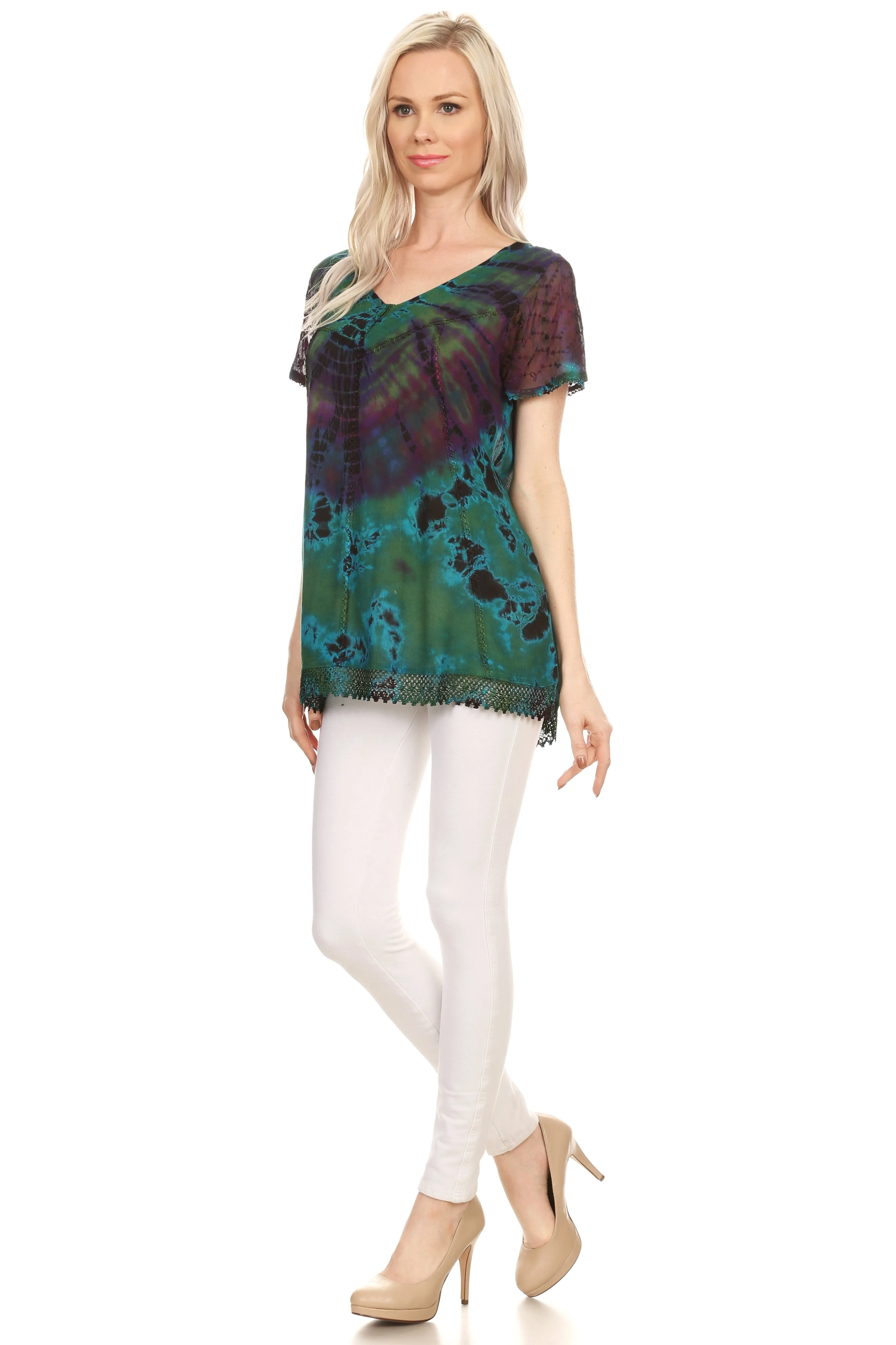 Sakkas Josea Relaxed Fit Tie Dye Embroidered Crepe Cap Sleeve Blouse | Cover Up