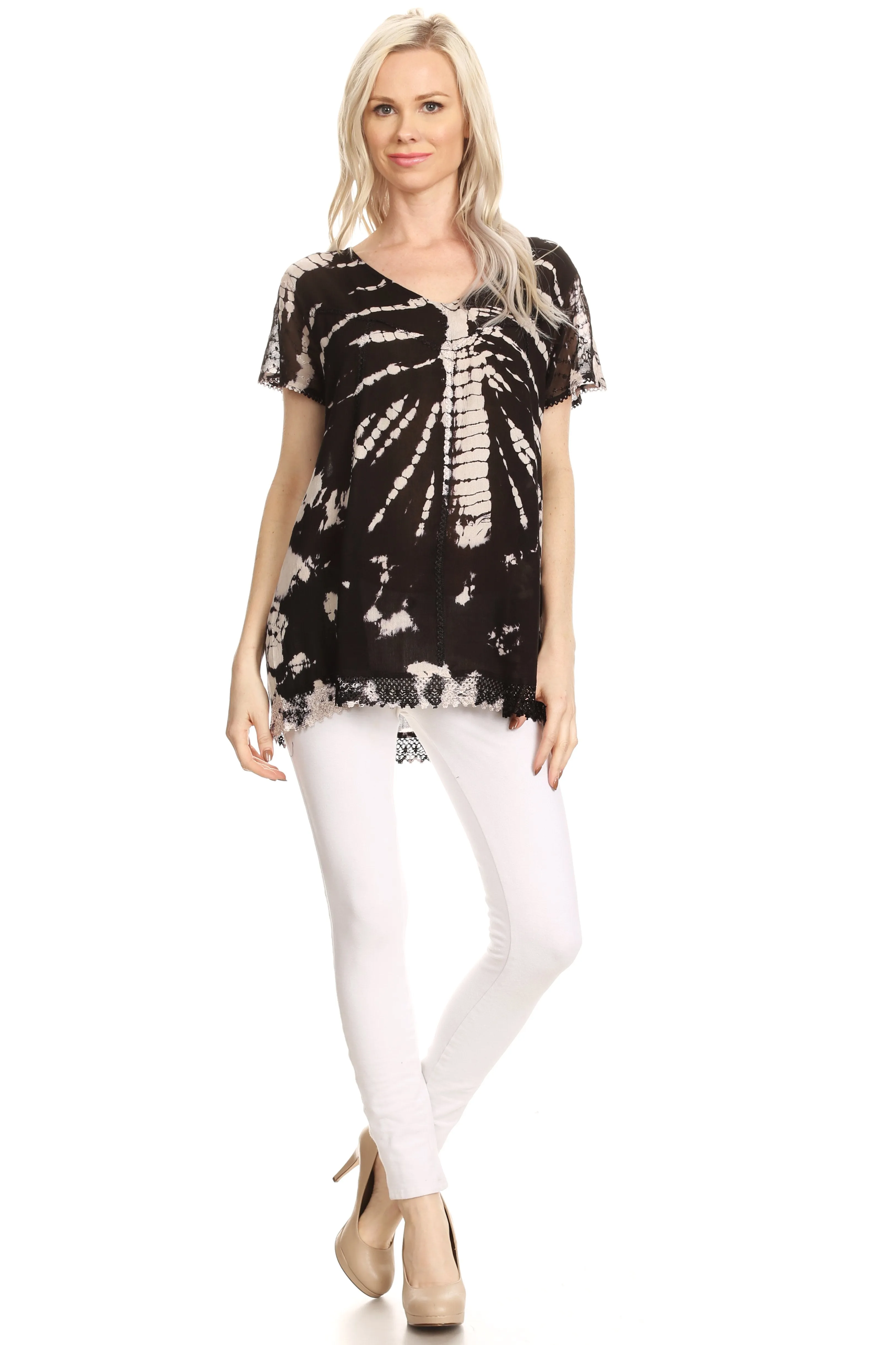 Sakkas Josea Relaxed Fit Tie Dye Embroidered Crepe Cap Sleeve Blouse | Cover Up