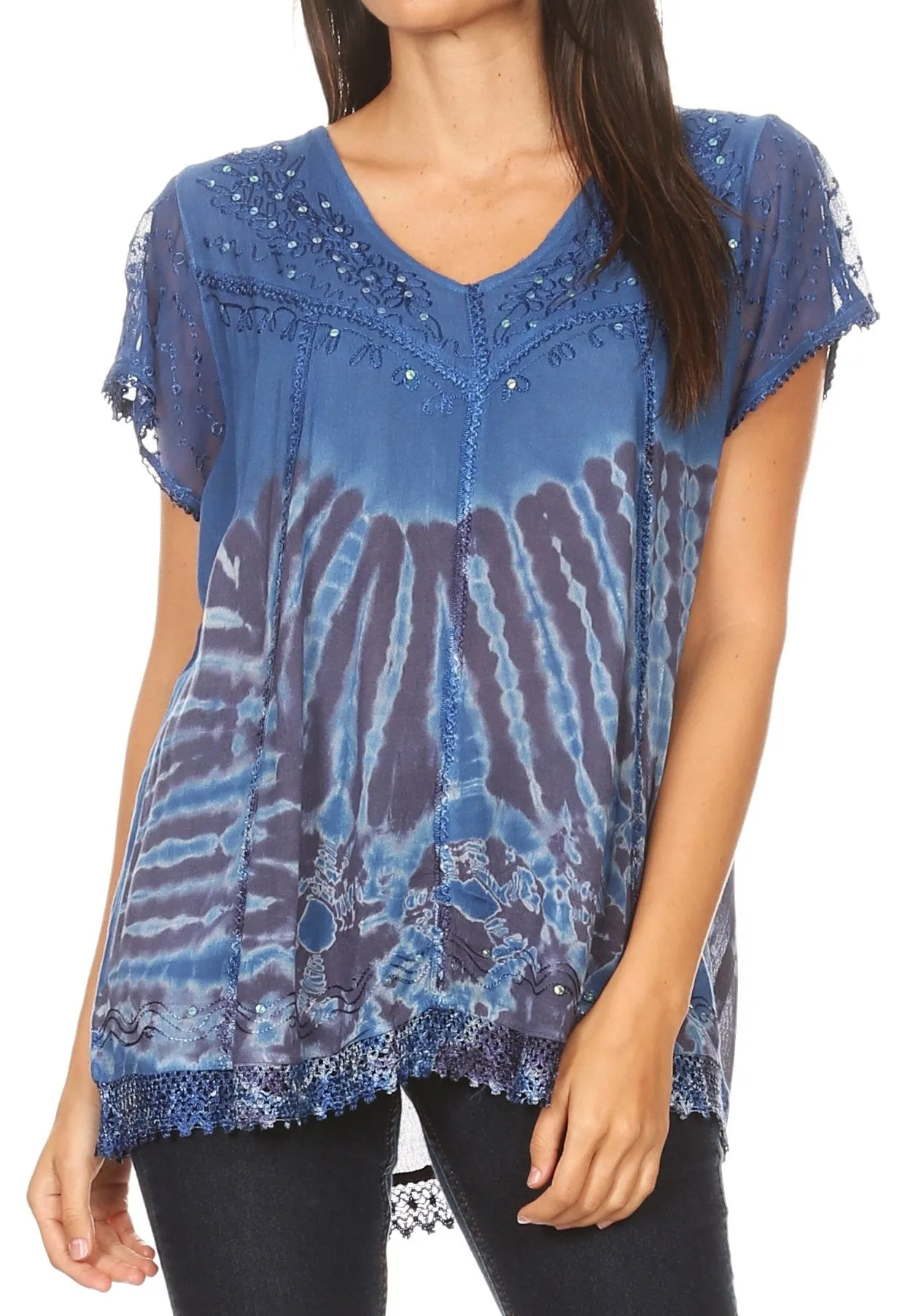 Sakkas Josea Relaxed Fit Tie Dye Embroidered Crepe Cap Sleeve Blouse | Cover Up