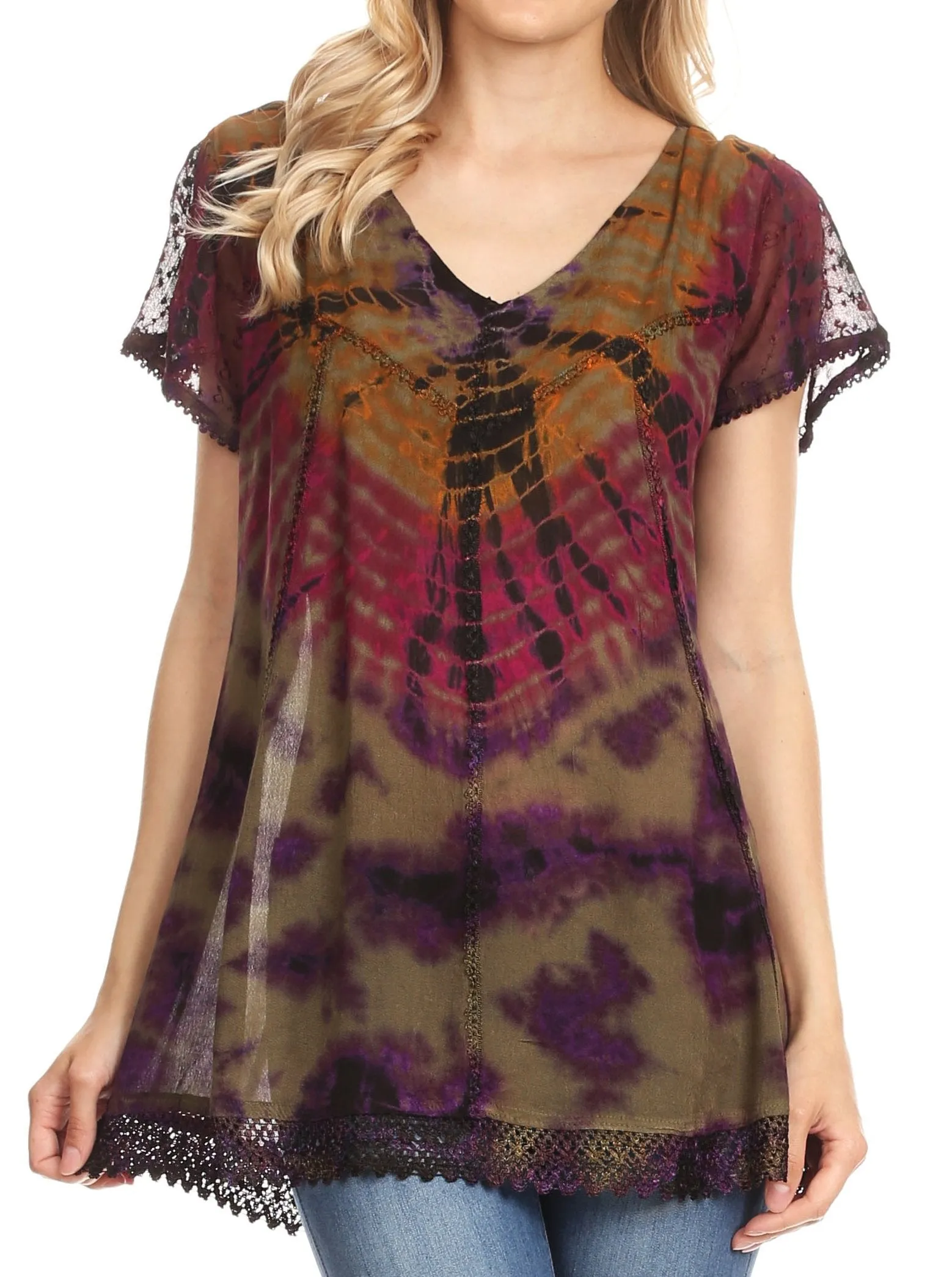 Sakkas Josea Relaxed Fit Tie Dye Embroidered Crepe Cap Sleeve Blouse | Cover Up