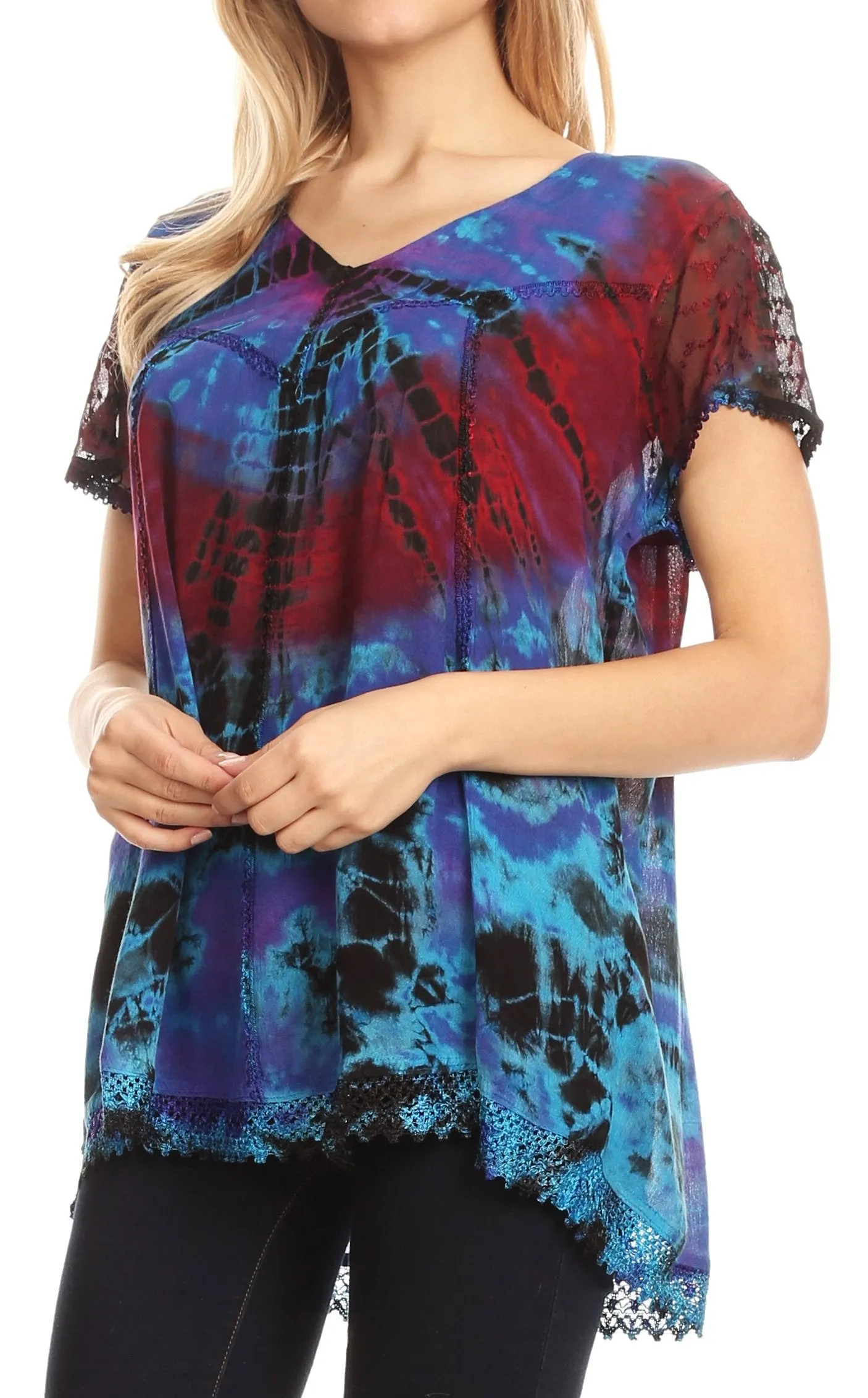 Sakkas Josea Relaxed Fit Tie Dye Embroidered Crepe Cap Sleeve Blouse | Cover Up