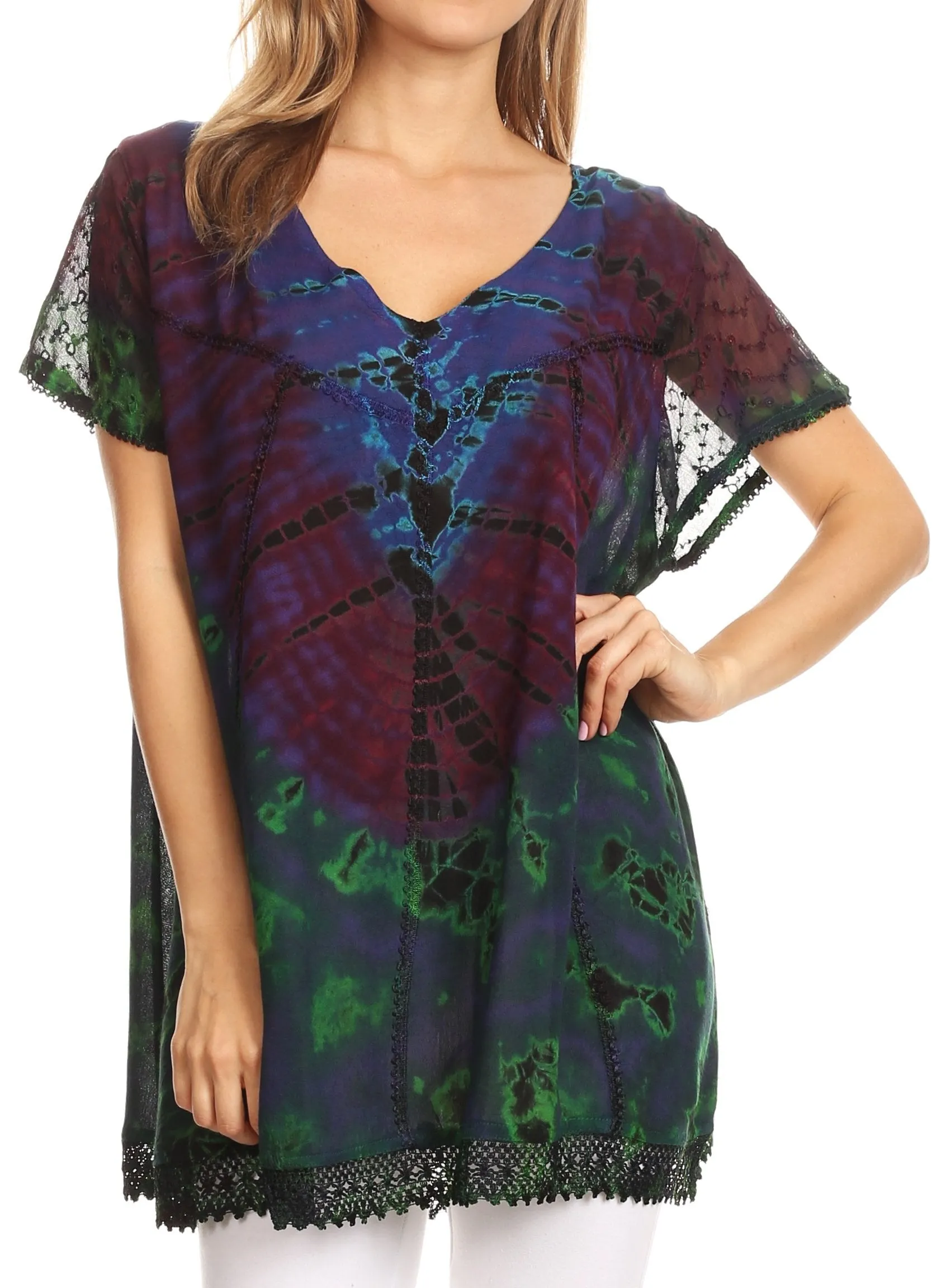 Sakkas Josea Relaxed Fit Tie Dye Embroidered Crepe Cap Sleeve Blouse | Cover Up