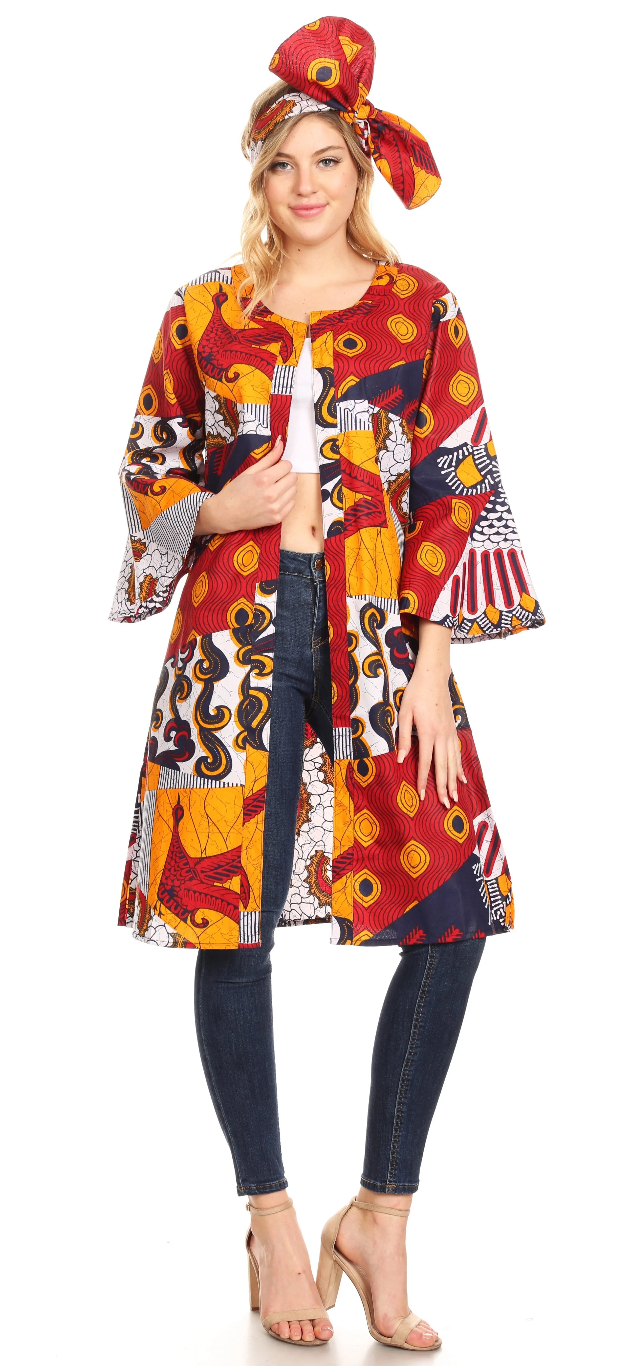 Sakkas Praya Women's Long Sleeve Open Front Cardigan Dress Coat African Ankara