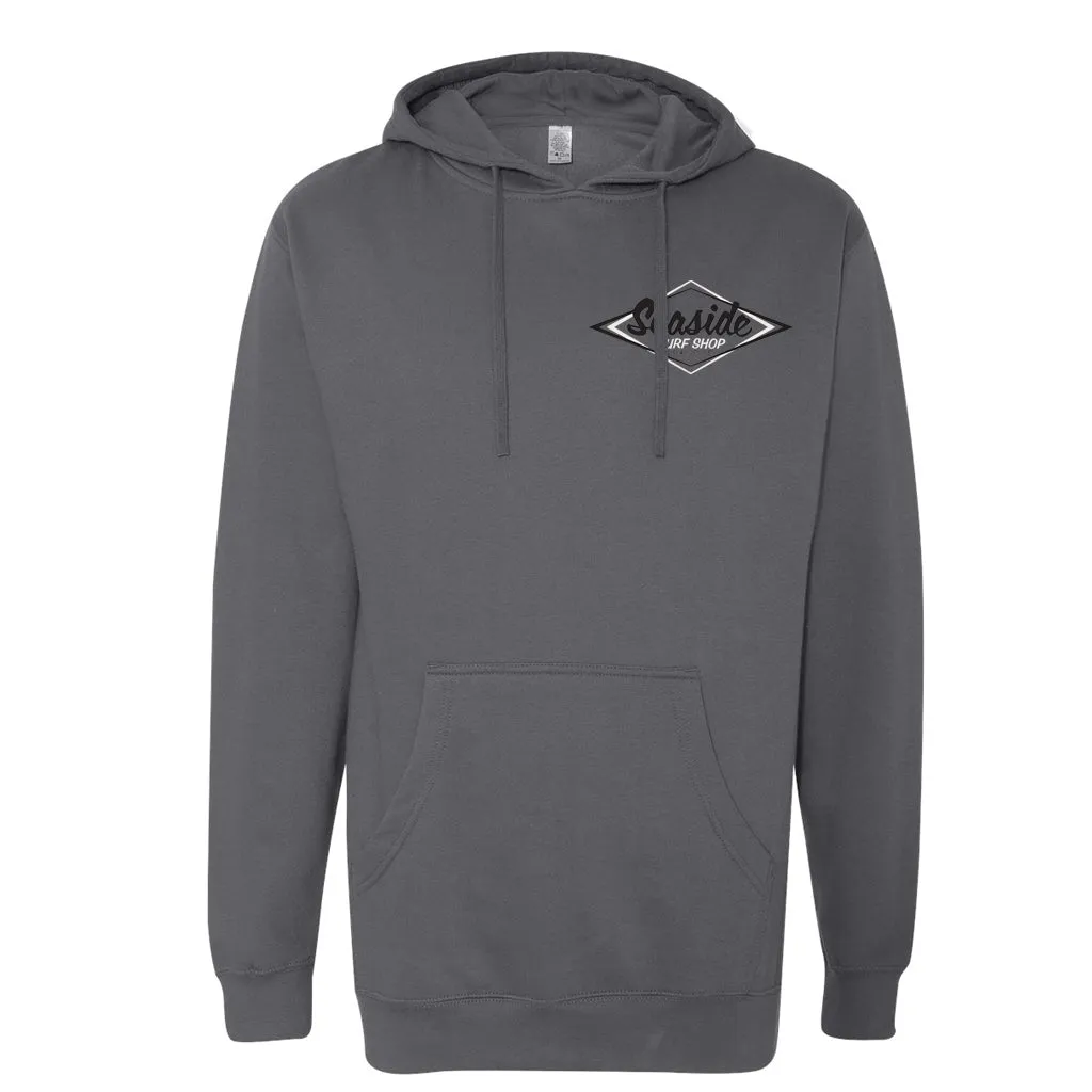 Seaside Surf Shop Mens Vintage Logo Hooded Pullover Sweatshirt - Charcoal