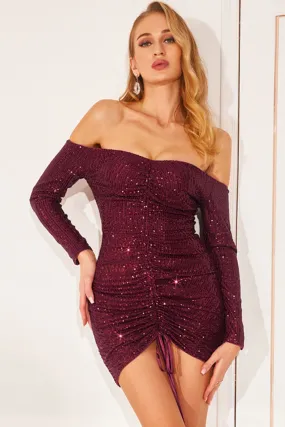 Sequin Drawstring Ruched Off-Shoulder Dress