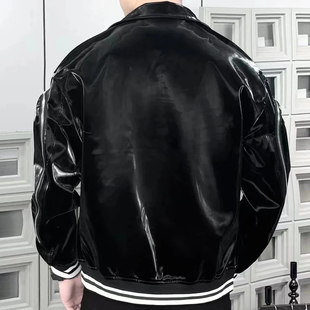 Shiny Solid Color PU Leather Jacket