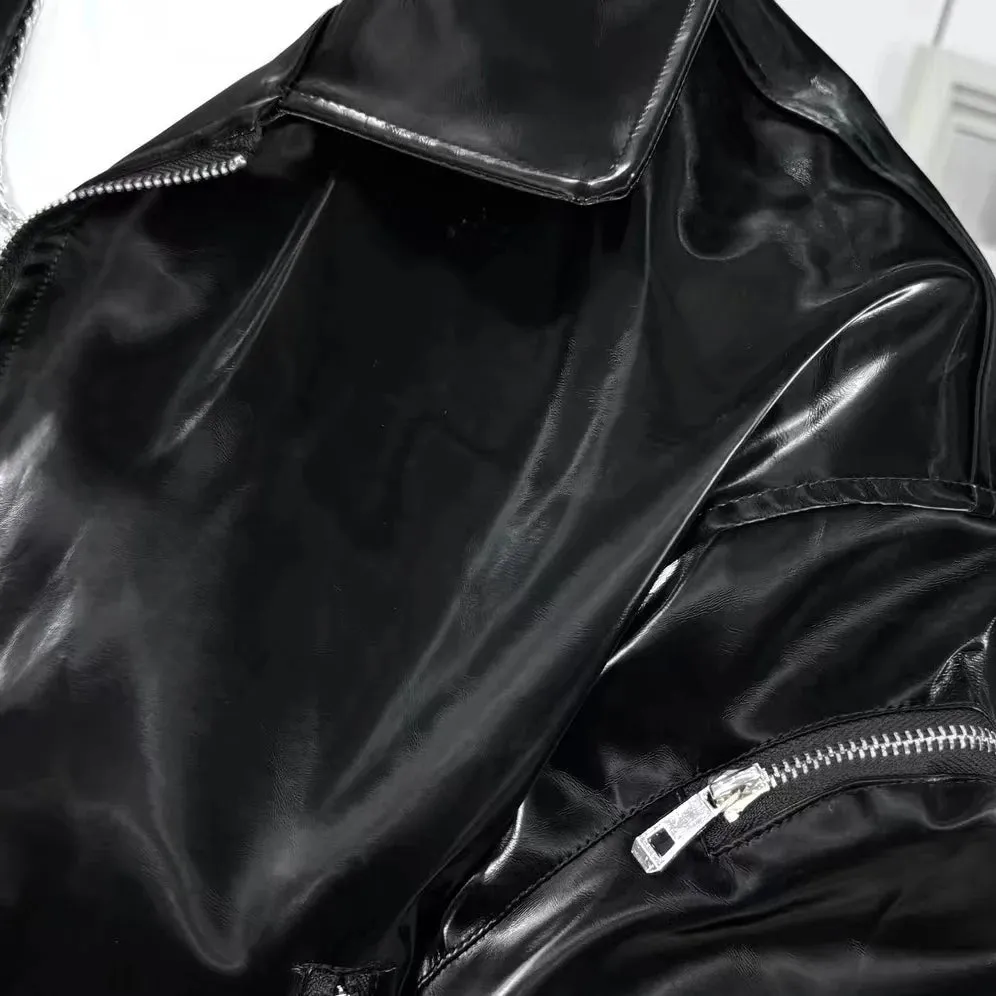 Shiny Solid Color PU Leather Jacket