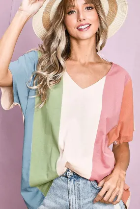 Short Sleeve, V-Neck, Cotton Span Knit Color Block Top