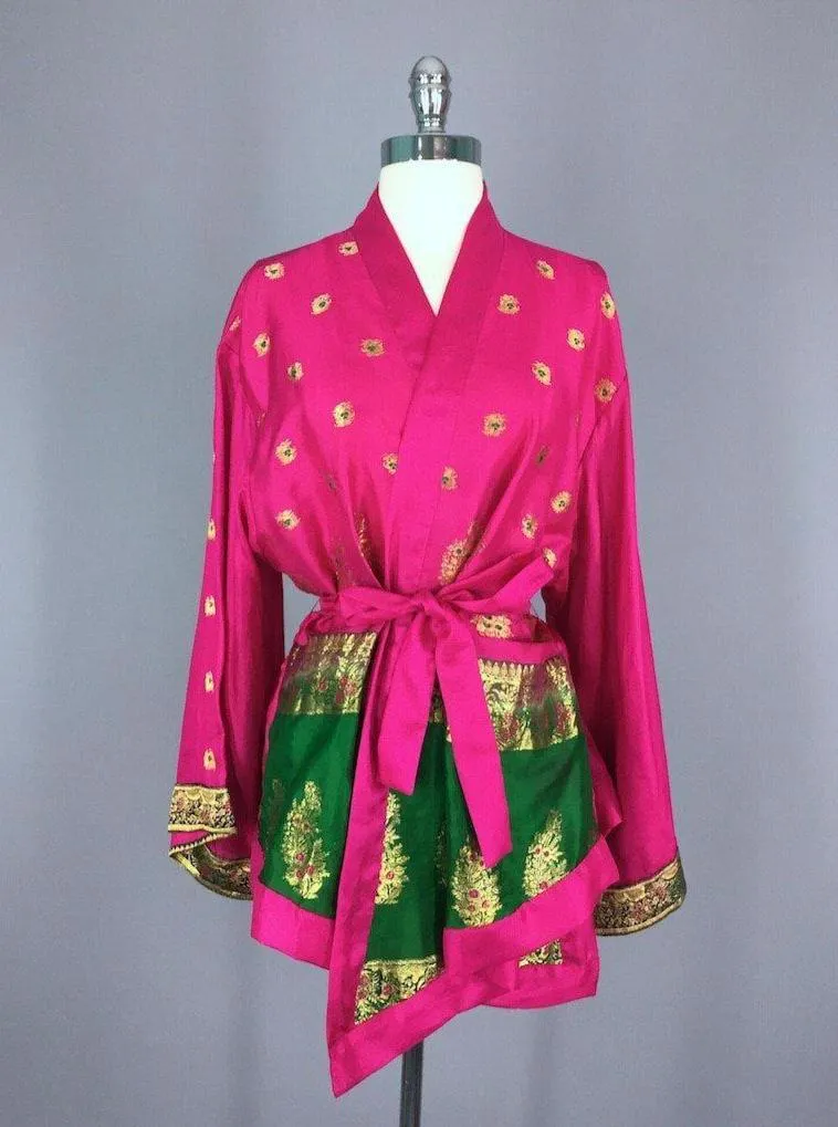 Silk Kimono Jacket / Vintage Indian Sari / Magenta Pink & Green Silk Kimono