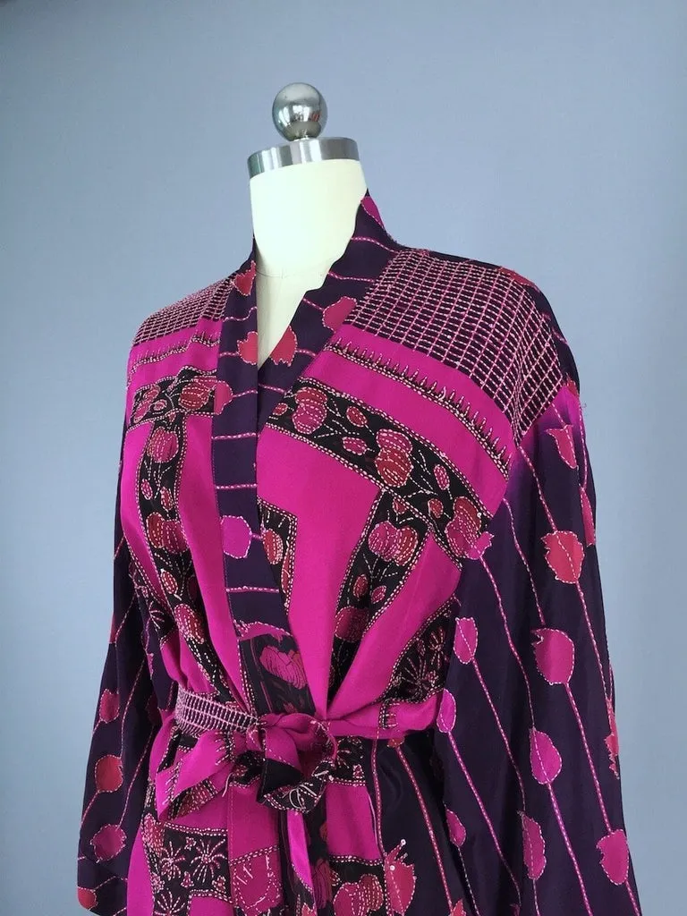 Silk Kimono Jacket / Vintage Indian Sari / Pink Floral Embroidered Kimono