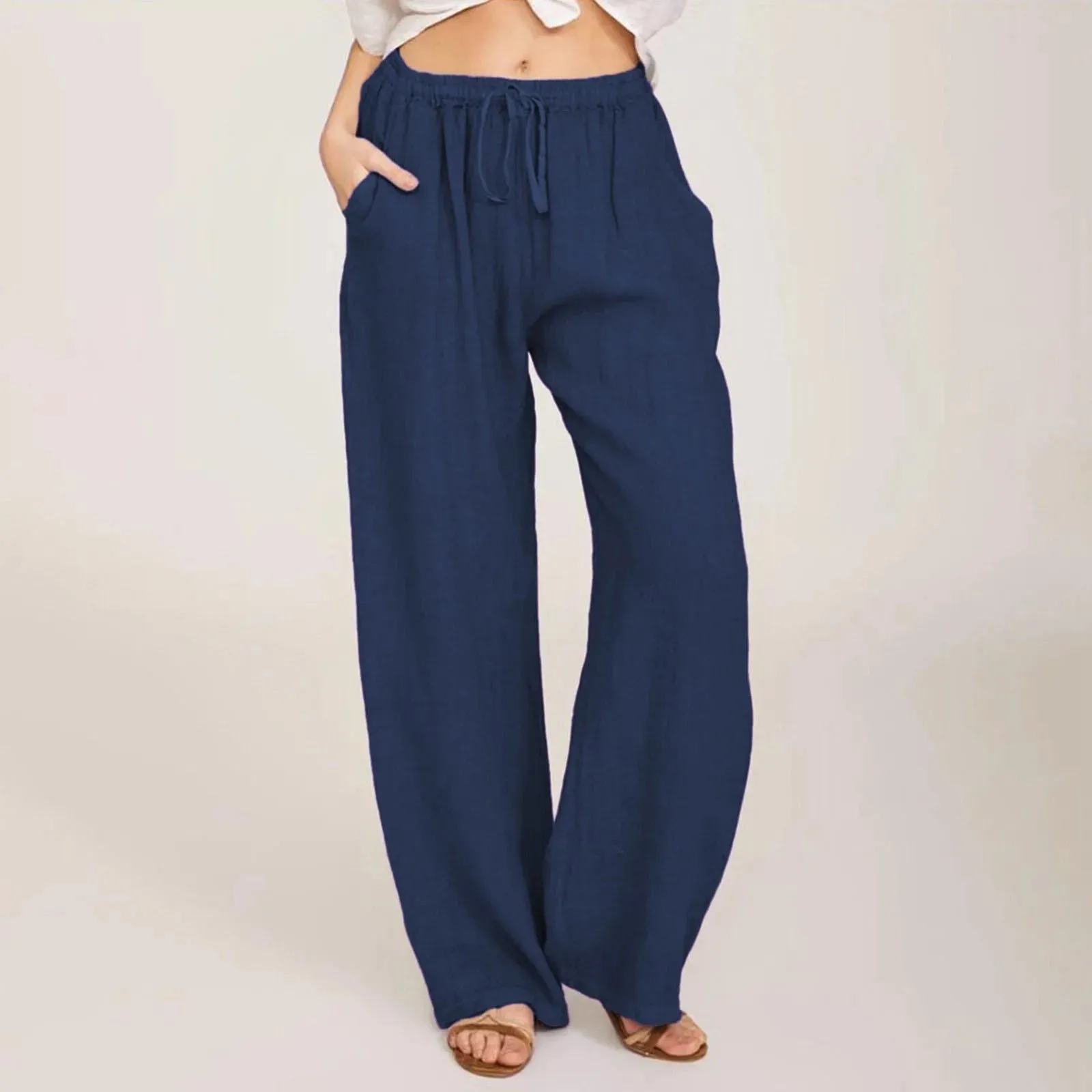 Summer Cotton Linen Wide Leg Pants for Women Pants Full Length Casual Pants Female Solid Loose High Waist Straight Trousers