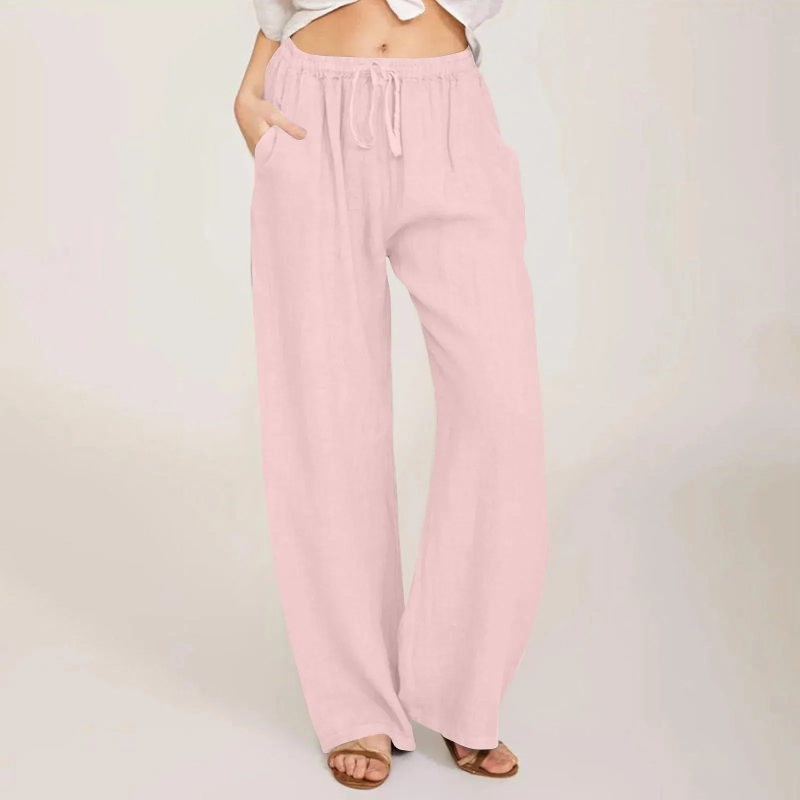 Summer Cotton Linen Wide Leg Pants for Women Pants Full Length Casual Pants Female Solid Loose High Waist Straight Trousers