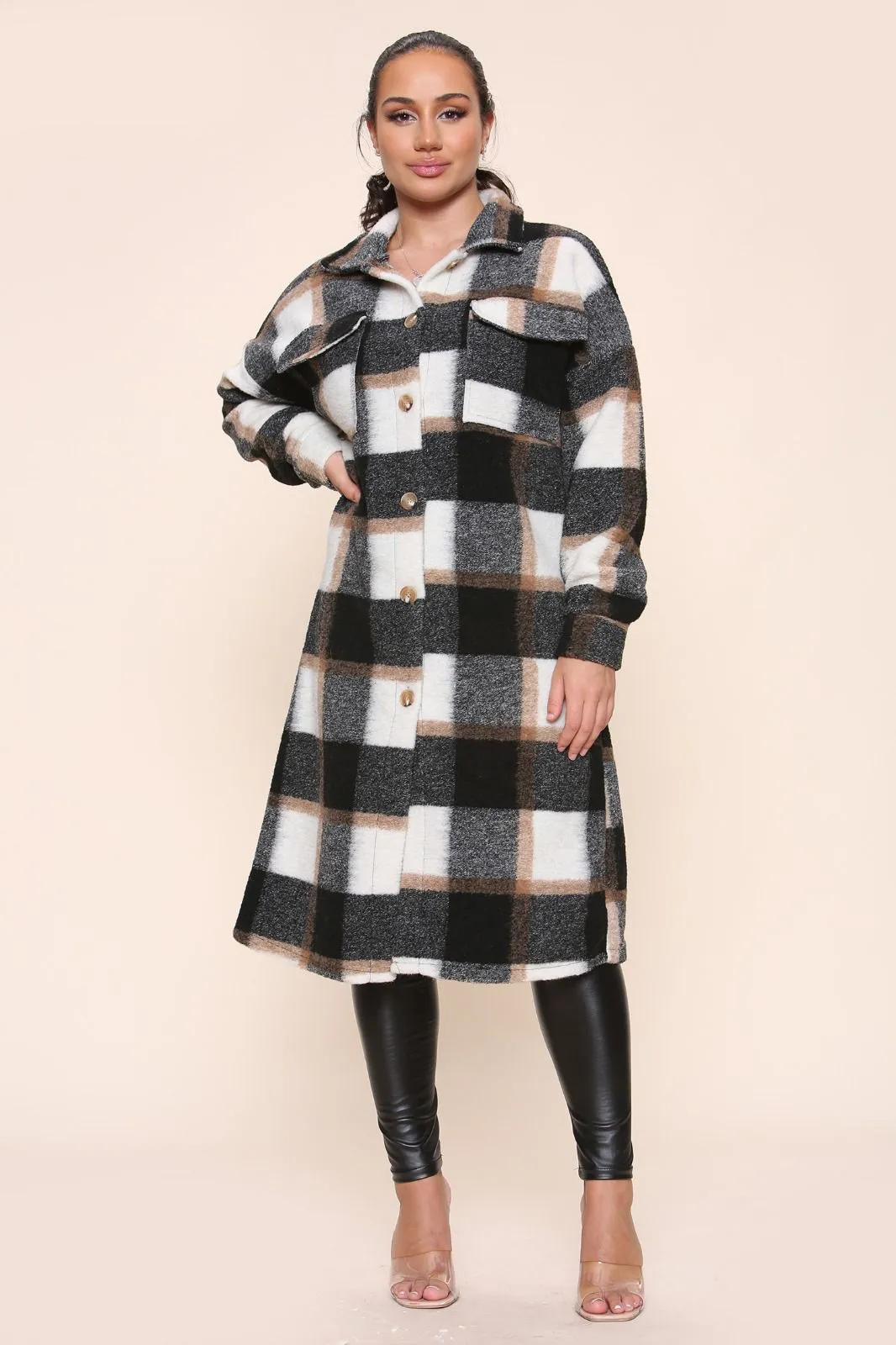 Texas Style Check Prints Front Button Pocket Winter Coat