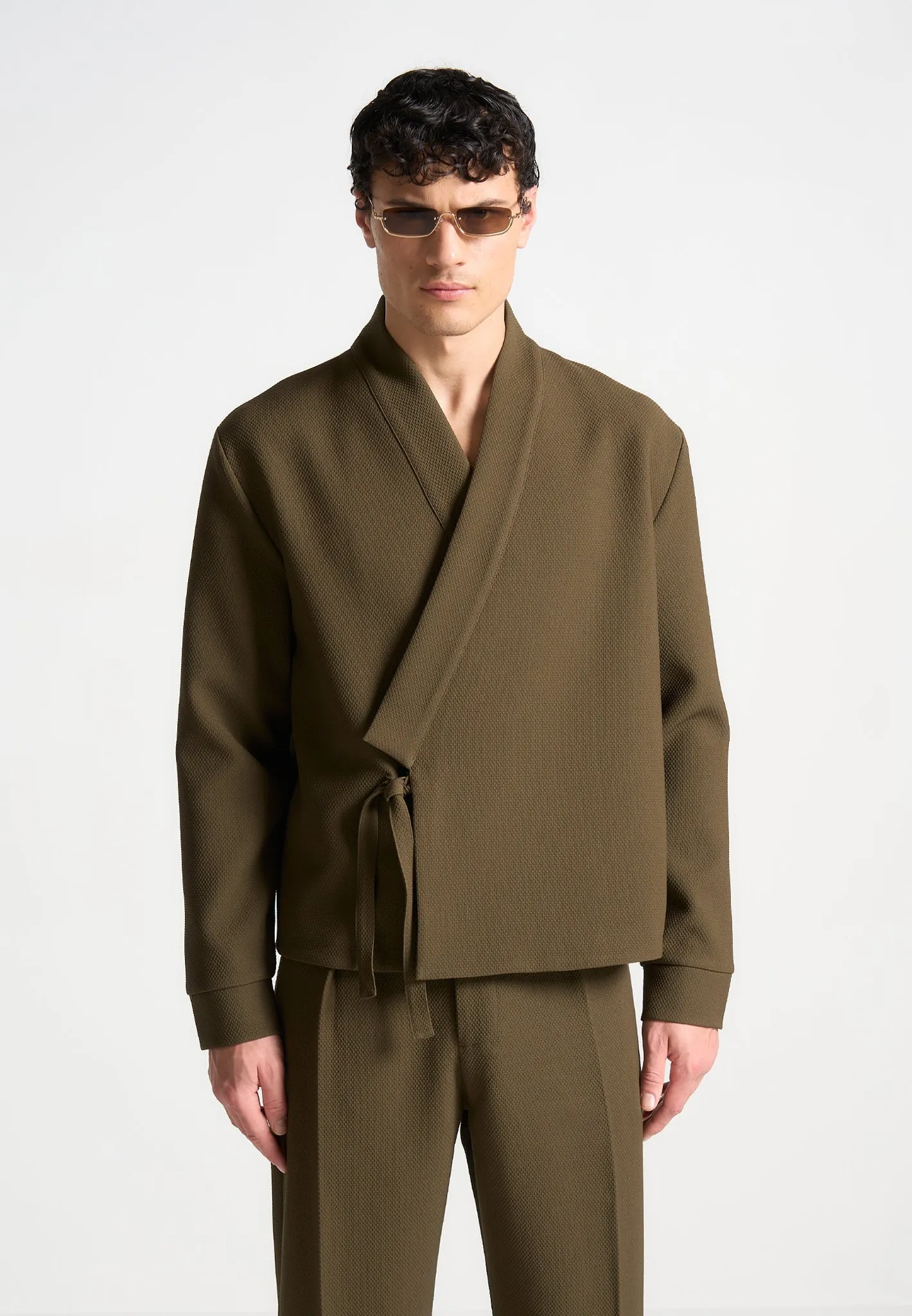 Textured Kimono Wrap Jacket - Khaki