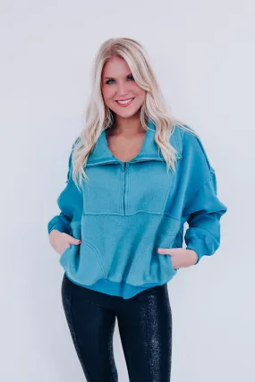 Two Tone Teal Zip Neckline Pullover