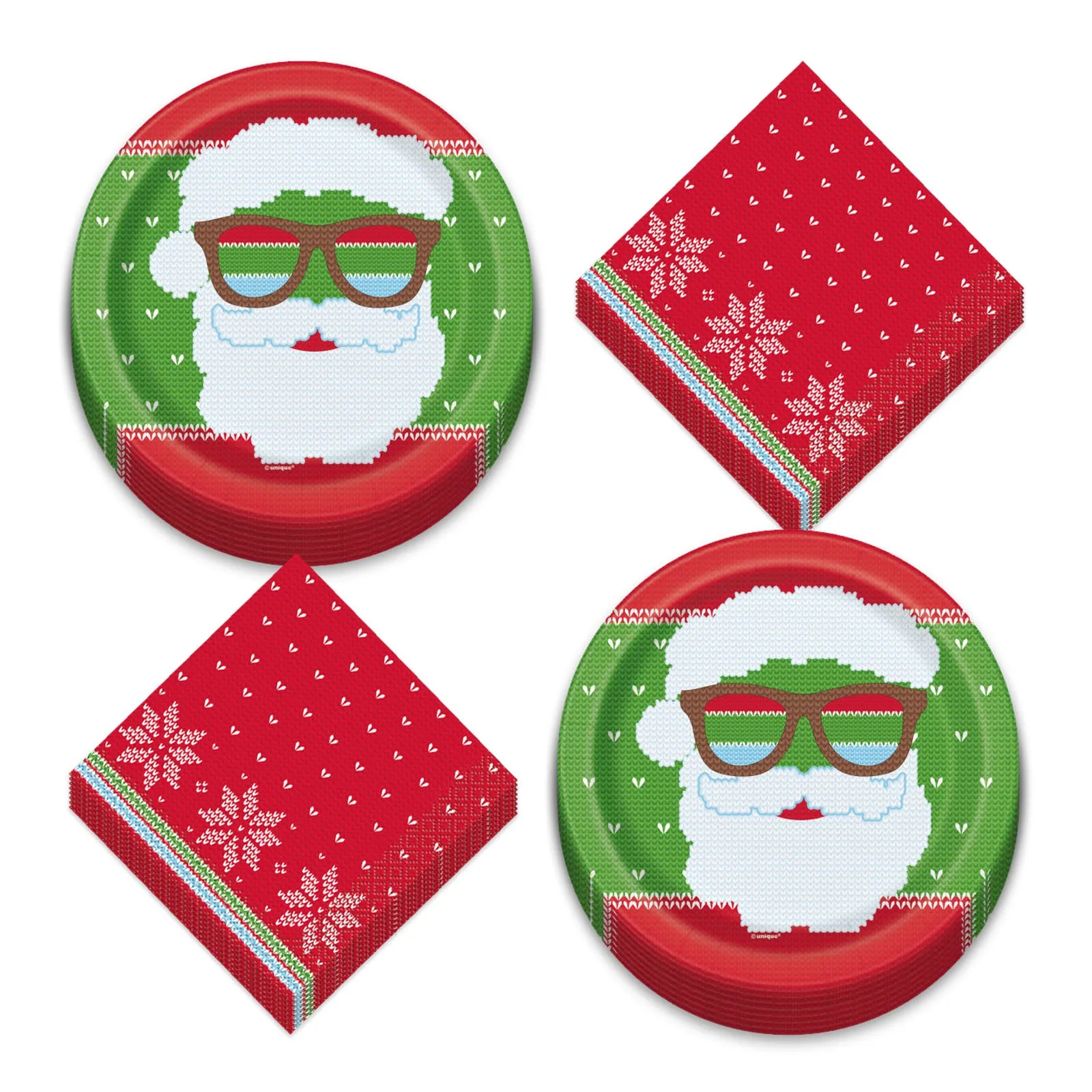 Ugly Sweater Christmas Holiday Round Paper Dessert Plates and Beverage Napkins (Serves 16)