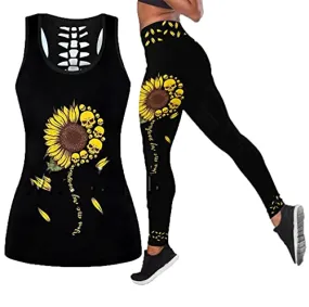 UNEMAIL 3D Printed Sunflower Skull Hollow Tanktop And Leggings Set, Women Sexy Vest Yoga Leggings Jogger Sets tanktops n leggings M