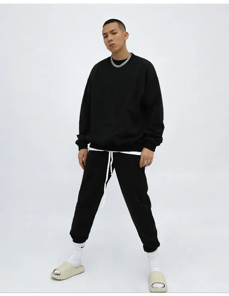 Unisex Heavy Terry Solid Color Loose Round Neck Sweatshirt and Sweatpants