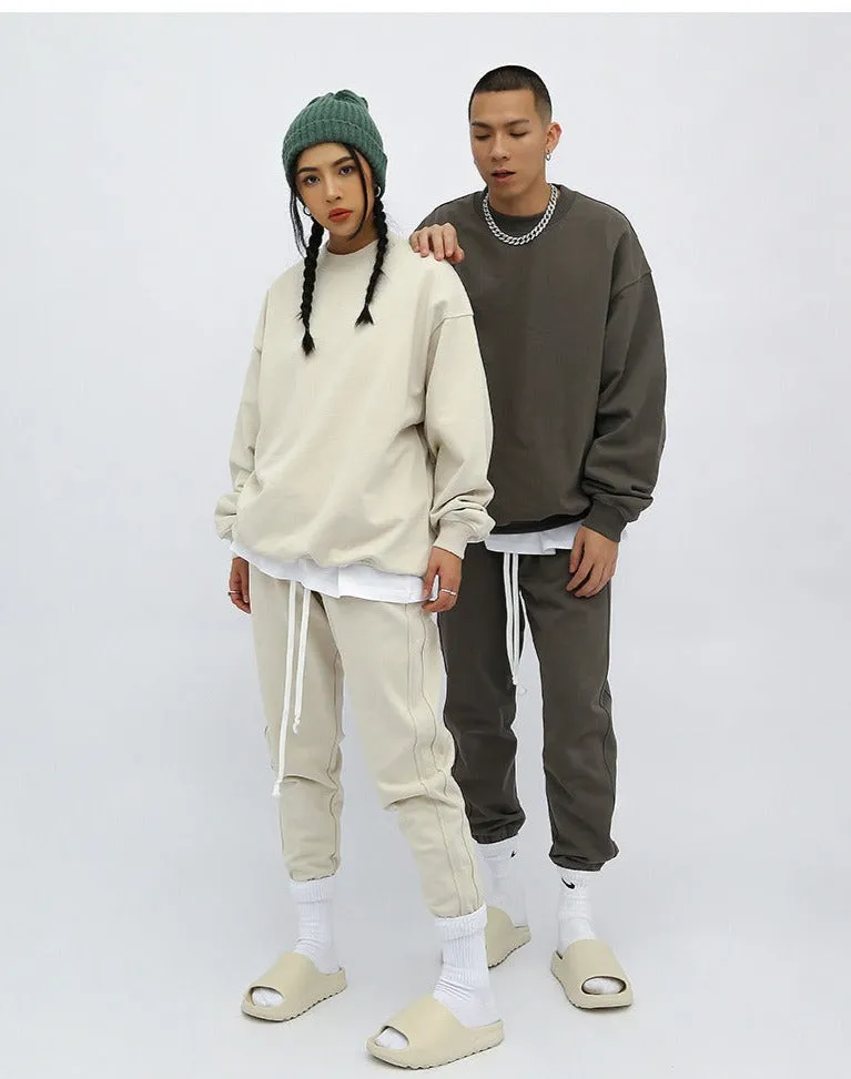 Unisex Heavy Terry Solid Color Loose Round Neck Sweatshirt and Sweatpants