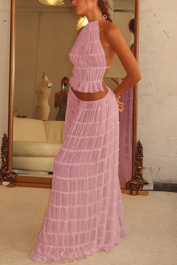 Versatility and Vintage Charm Pleated Drawstring Waist Tiered Maxi Skirt