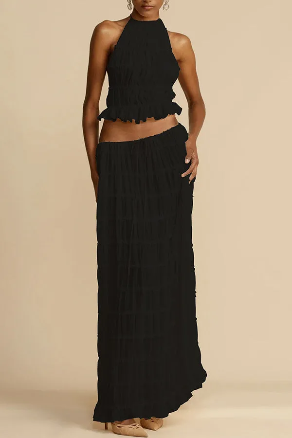 Versatility and Vintage Charm Pleated Drawstring Waist Tiered Maxi Skirt