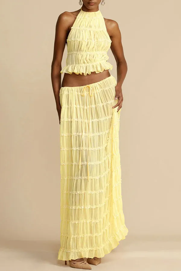 Versatility and Vintage Charm Pleated Drawstring Waist Tiered Maxi Skirt