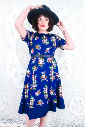 Vintage Midi Dress - Indigo Floral Cobbles - Size M/L