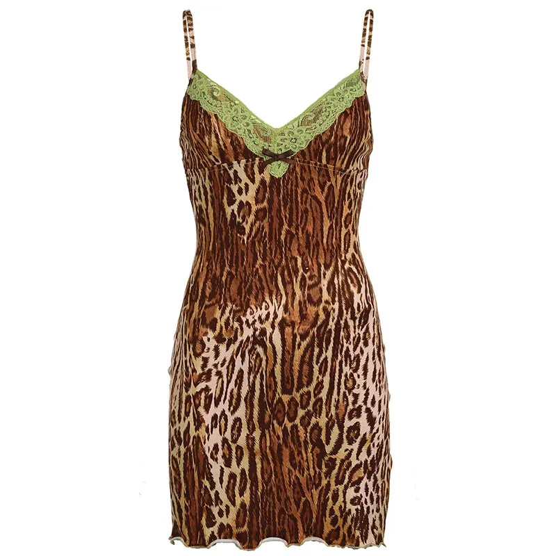 Vintage Spaghetti Strap Bodycon Summer Mini Dress Female Animal Printing Leopard Sexy Dresses Lace Trim Bow Contrast