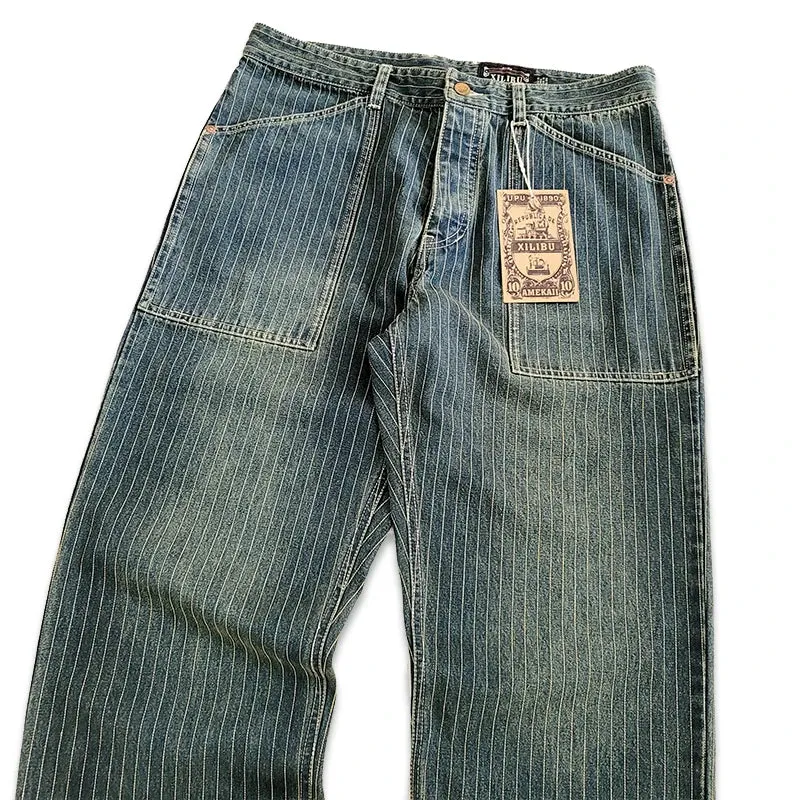 Vintage Striped Jeans for Men - Straight Middle Waist Cargo Pants