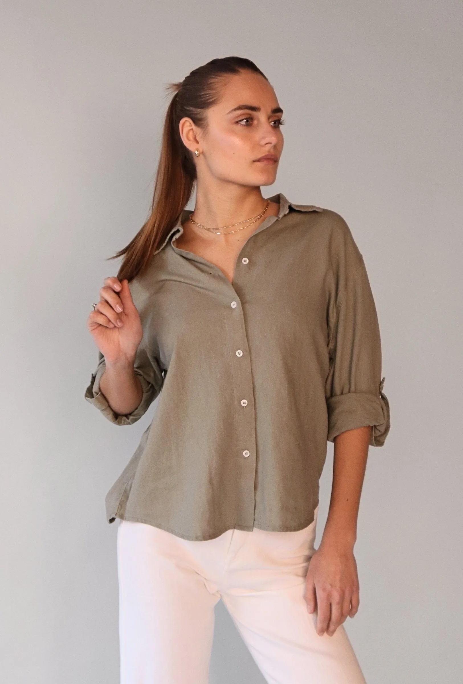 VIVER LINEN BLEND BUTTON DOWN (MOSS)