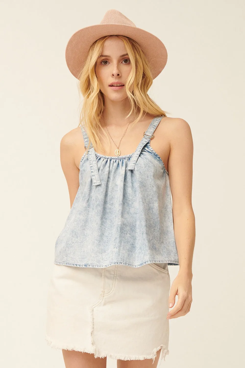 Washed Denim Scoop Gathered Top