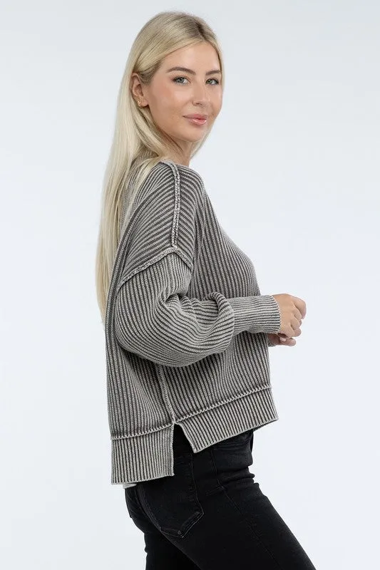 *Washed Side Slit Oversized Cropped Sweater