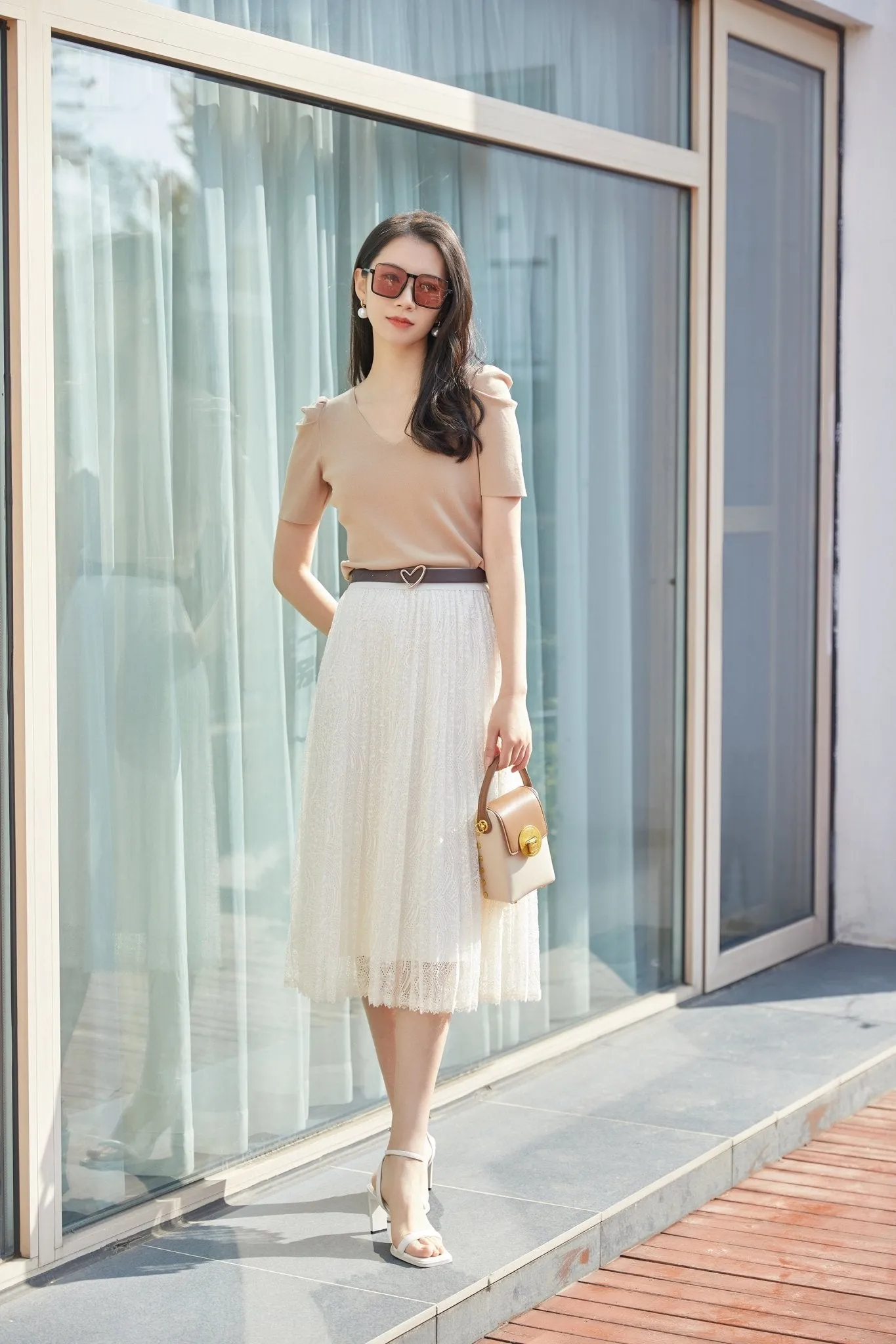 White Pleated Lace Midi Skirt