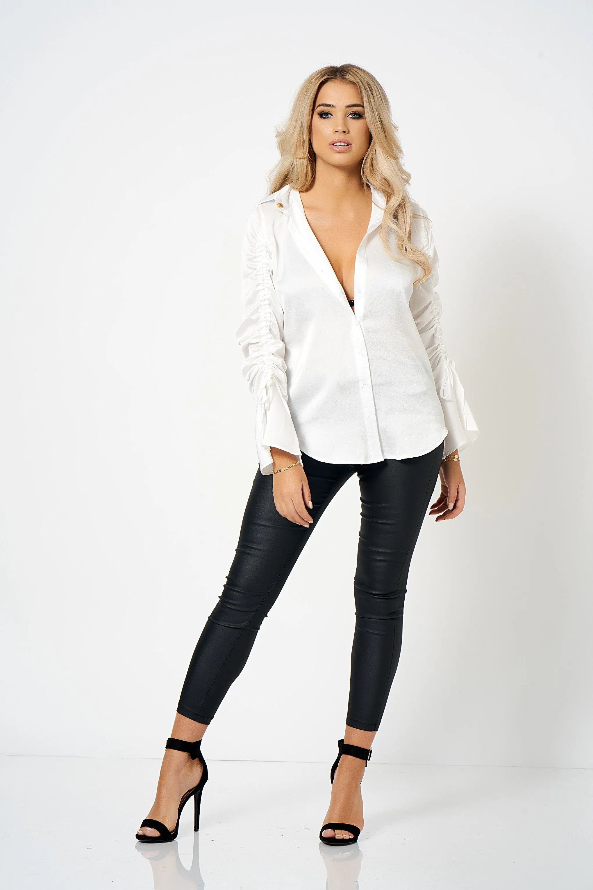 White Satin Ruched Arm Shirt