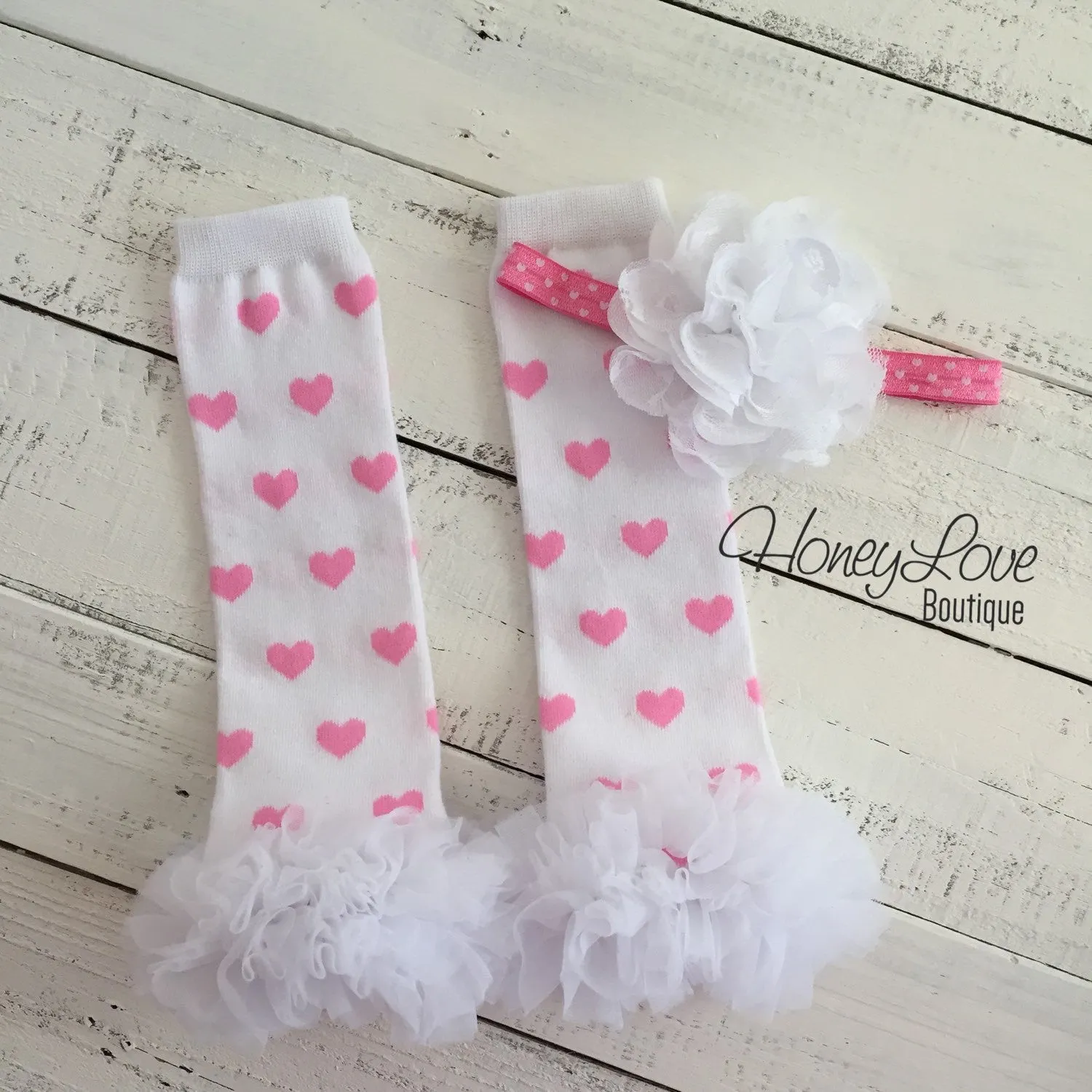 White/Light Pink Heart leg warmers and flower headband