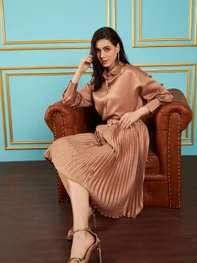 Women Brown Satin Pleated Midi Skirt