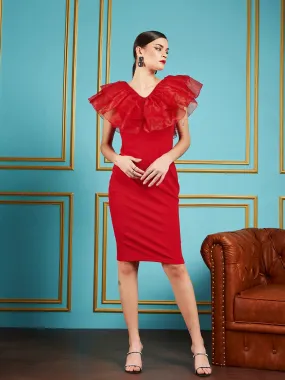 Women Red Frill Neck Bodycon Midi Dress