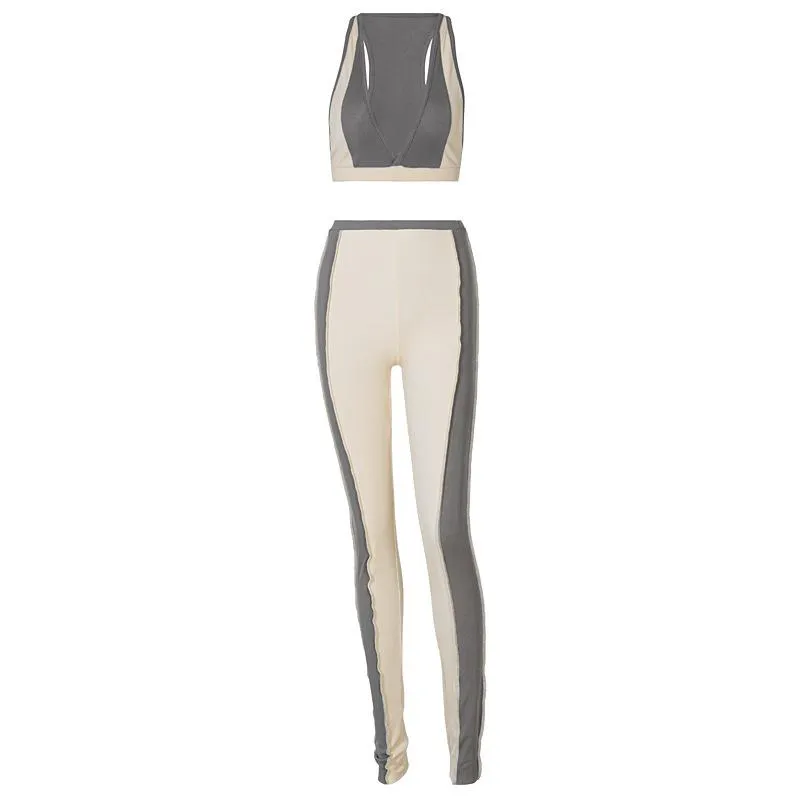 Women Sleeveless V-Neck Sporty Crop Top Pencil Leggings Co-ord Suit